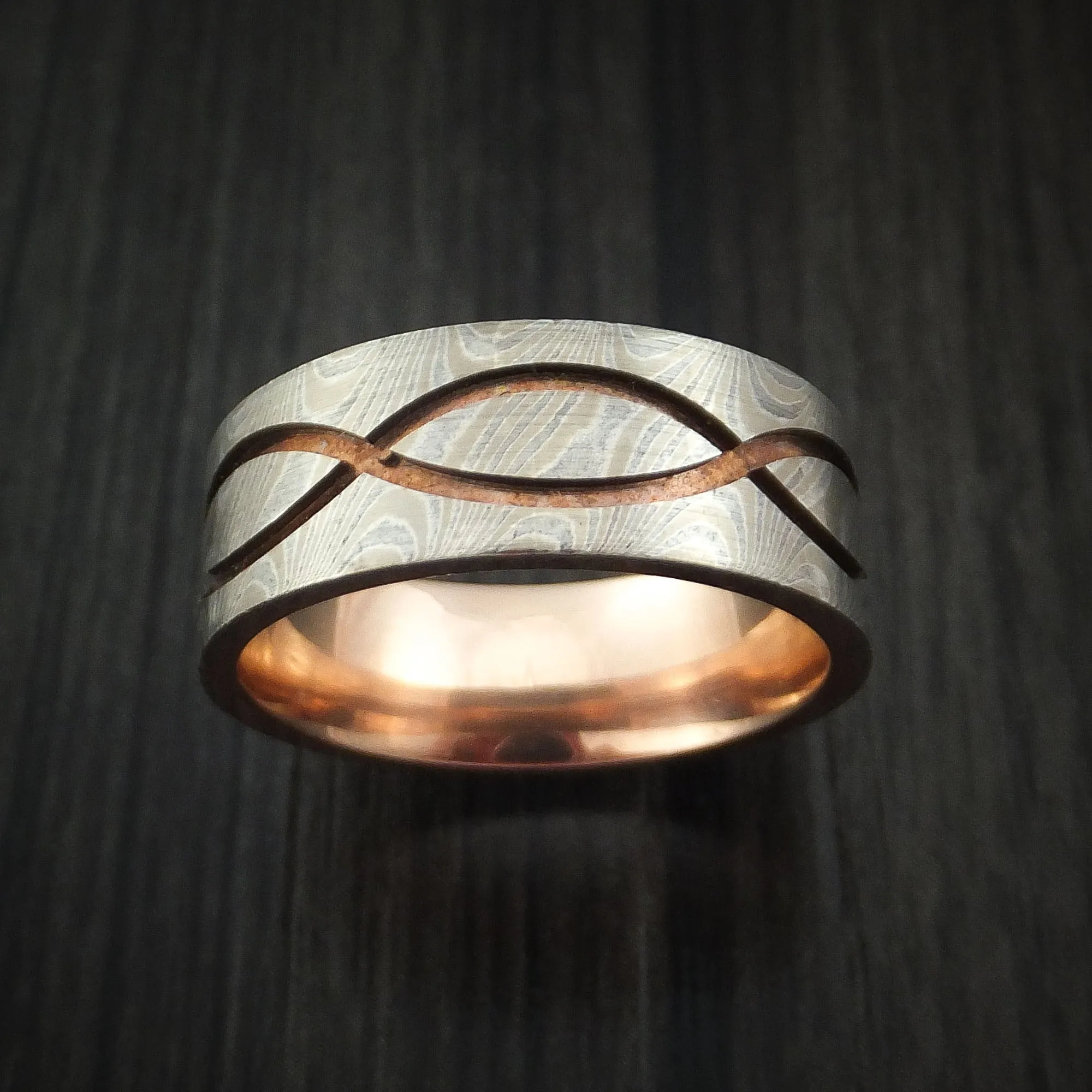 14k White Gold and Silver Mokume Gane Infinity Men's Ring with Rose Gold Sleeve Custom Made Band