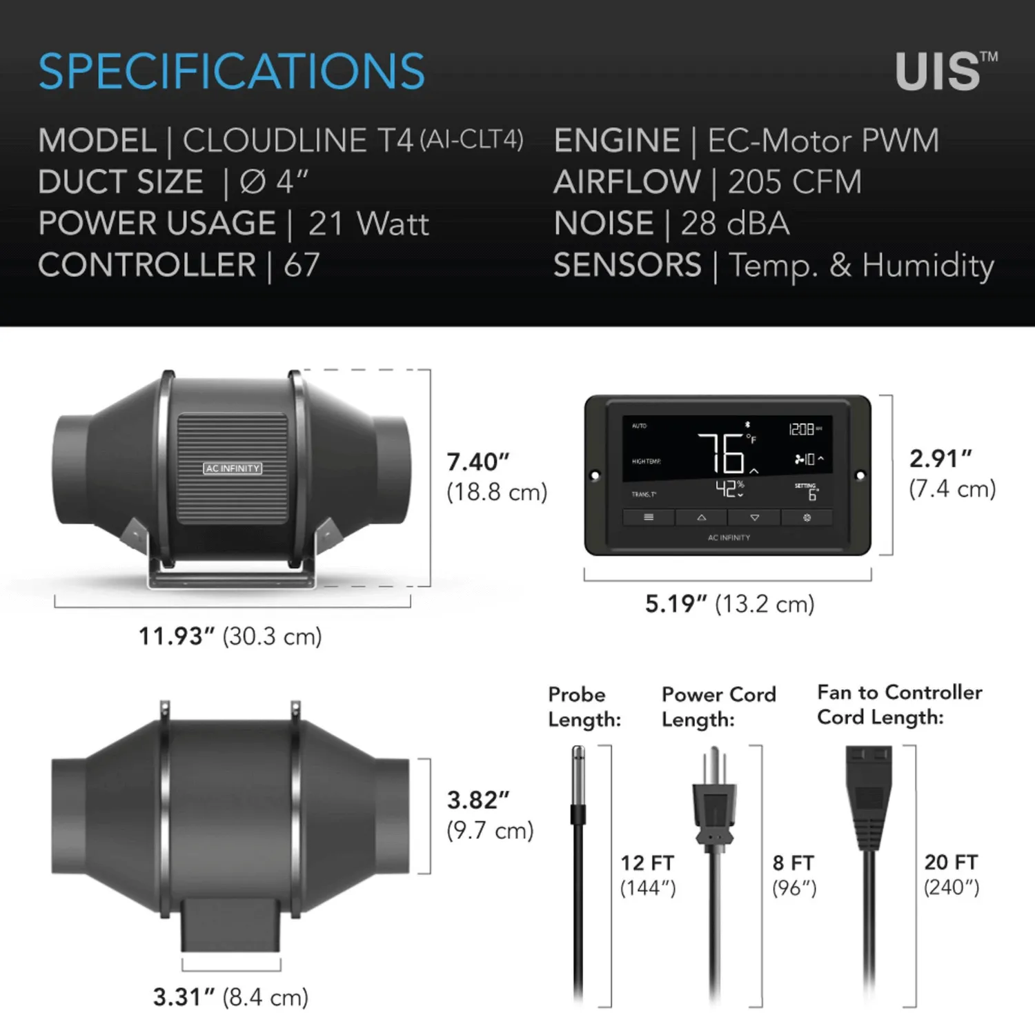 AC Infinity CLOUDLINE T4, Quiet Inline Duct Fan System with Temperature and Humidity Controller, 4-Inch