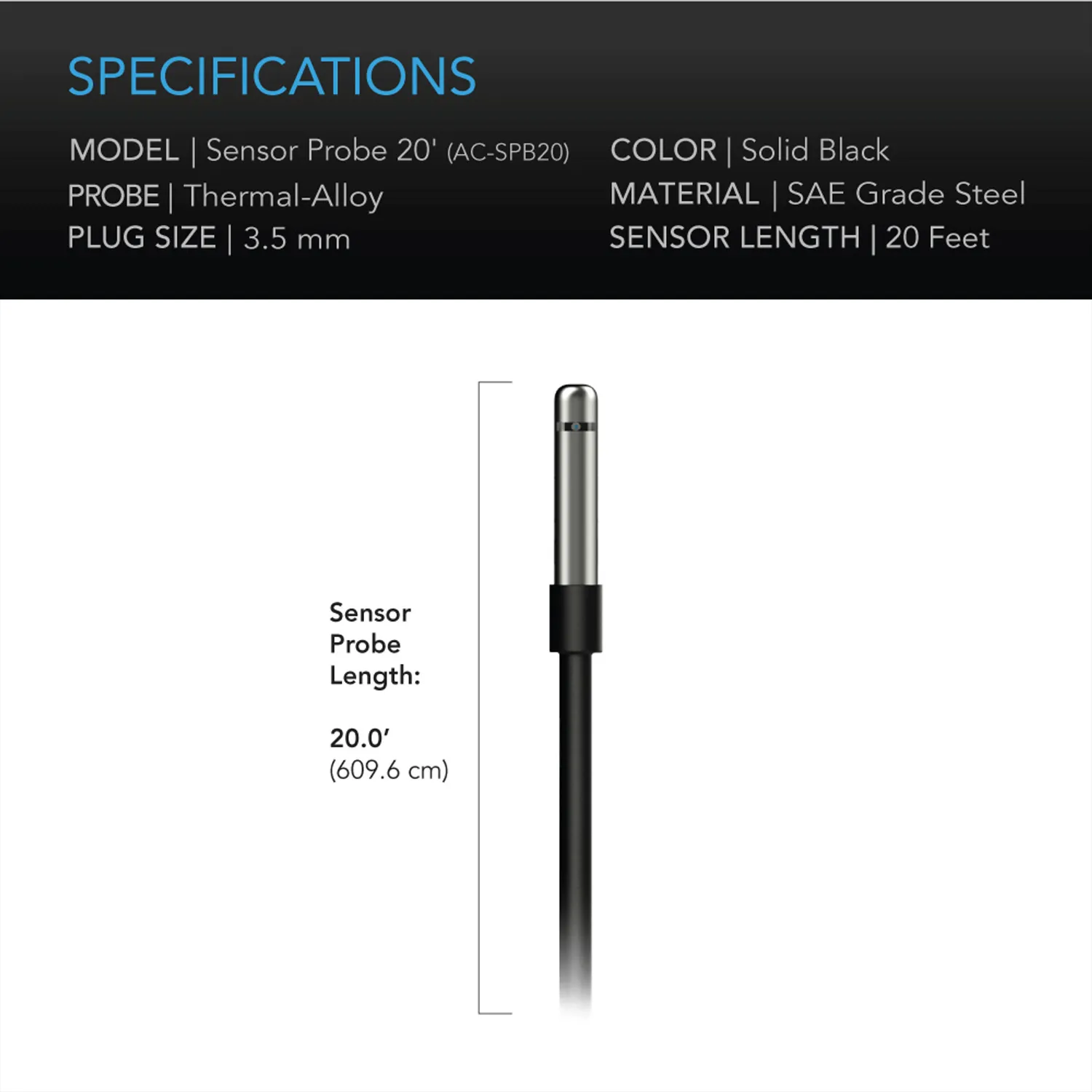 AC Infinity Controller Sensor Probe, 20' Corded Climate Detector