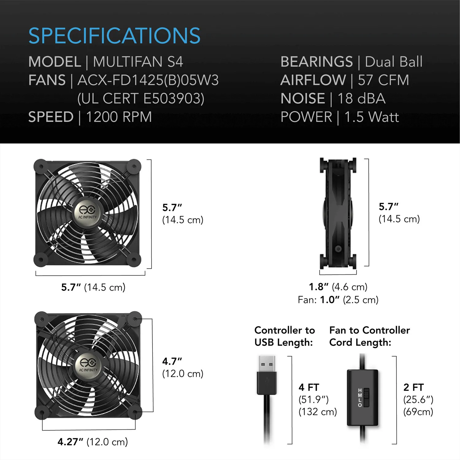 AC Infinity MULTIFAN S4, Quiet USB Cooling Fan, 140mm