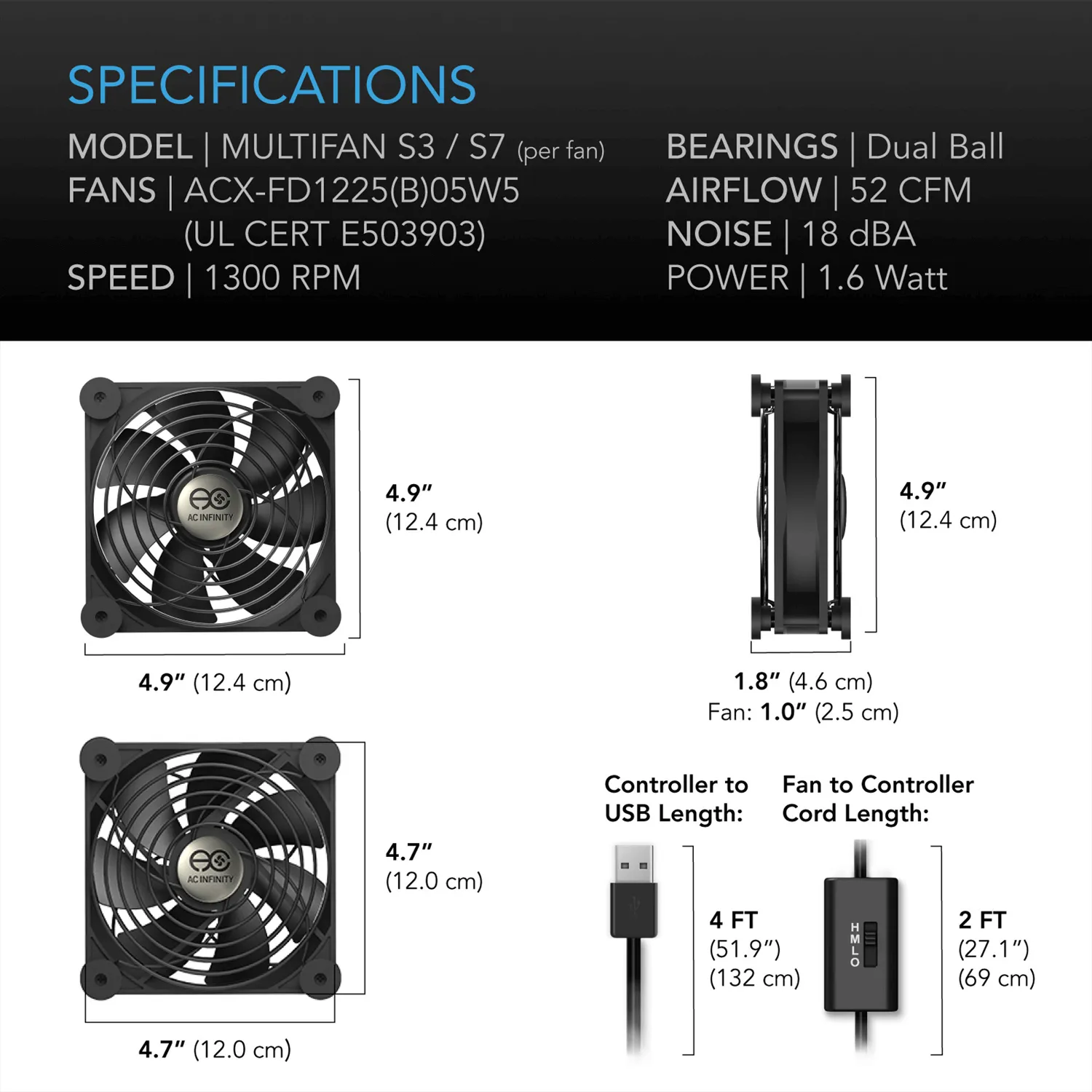 AC Infinity MULTIFAN S7, Quiet USB Cooling Fan, Dual 120mm