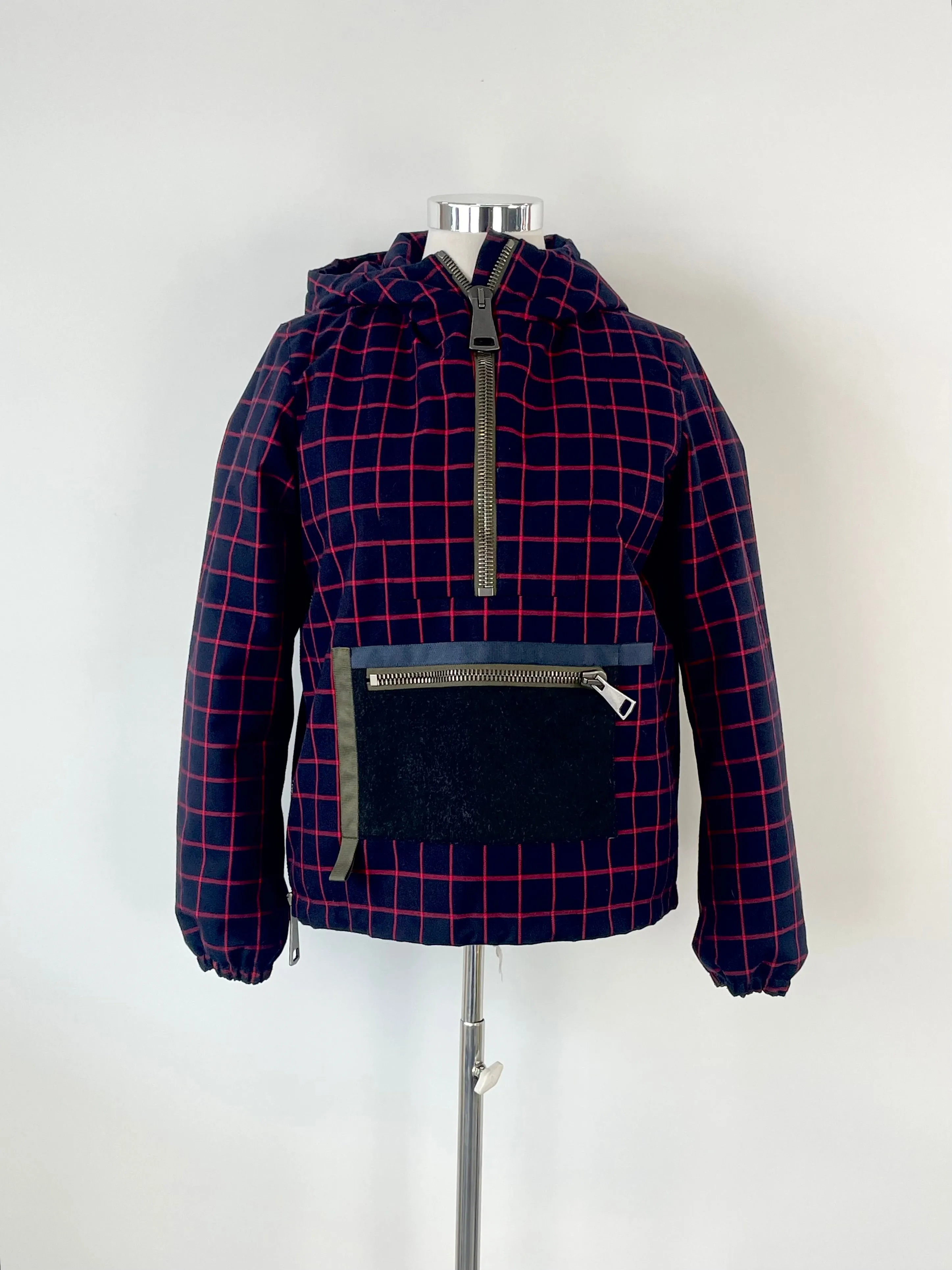 Authier Madonna Di Campiglio Navy Blue & Red Check Hooded Puffer Pullover - AU12