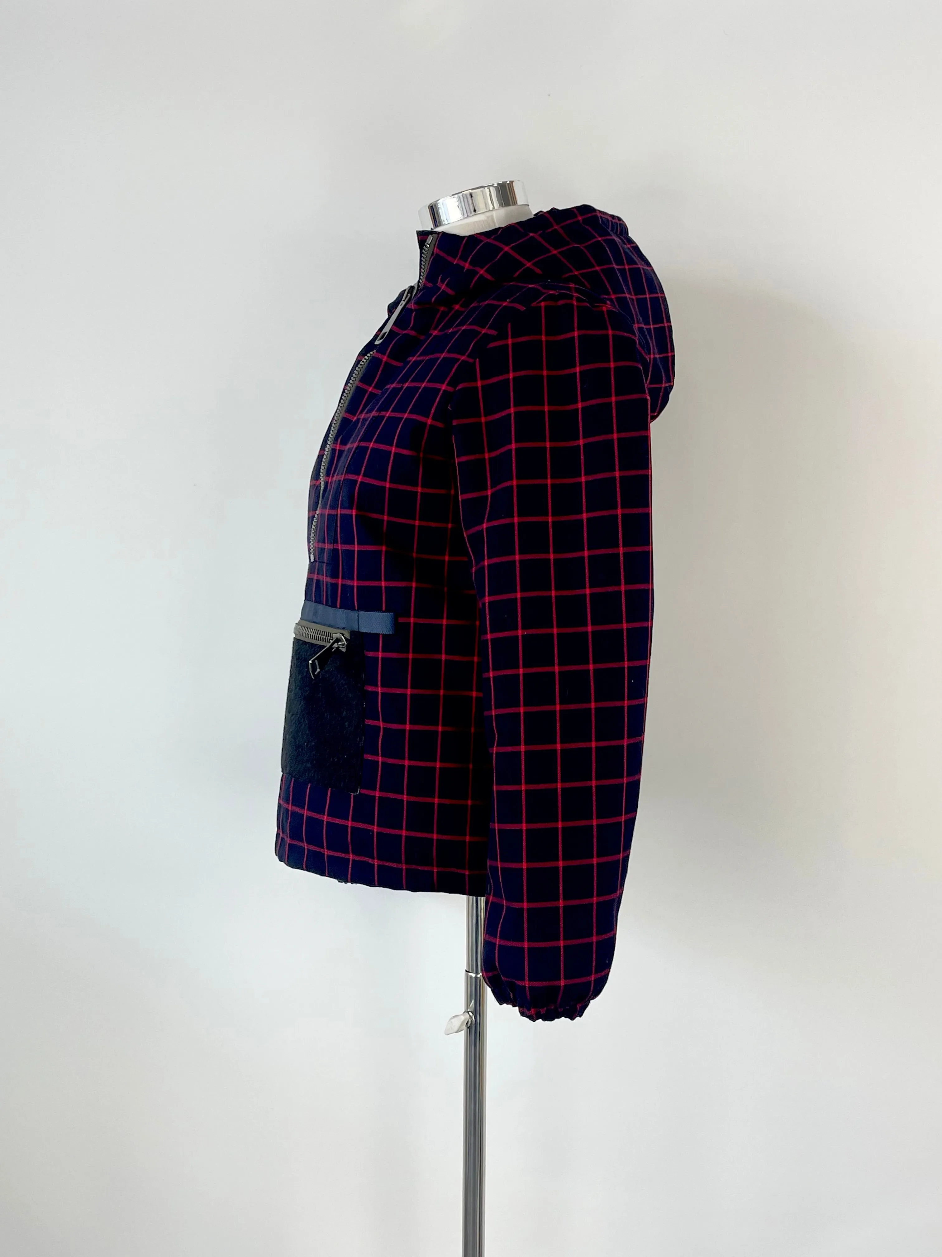 Authier Madonna Di Campiglio Navy Blue & Red Check Hooded Puffer Pullover - AU12