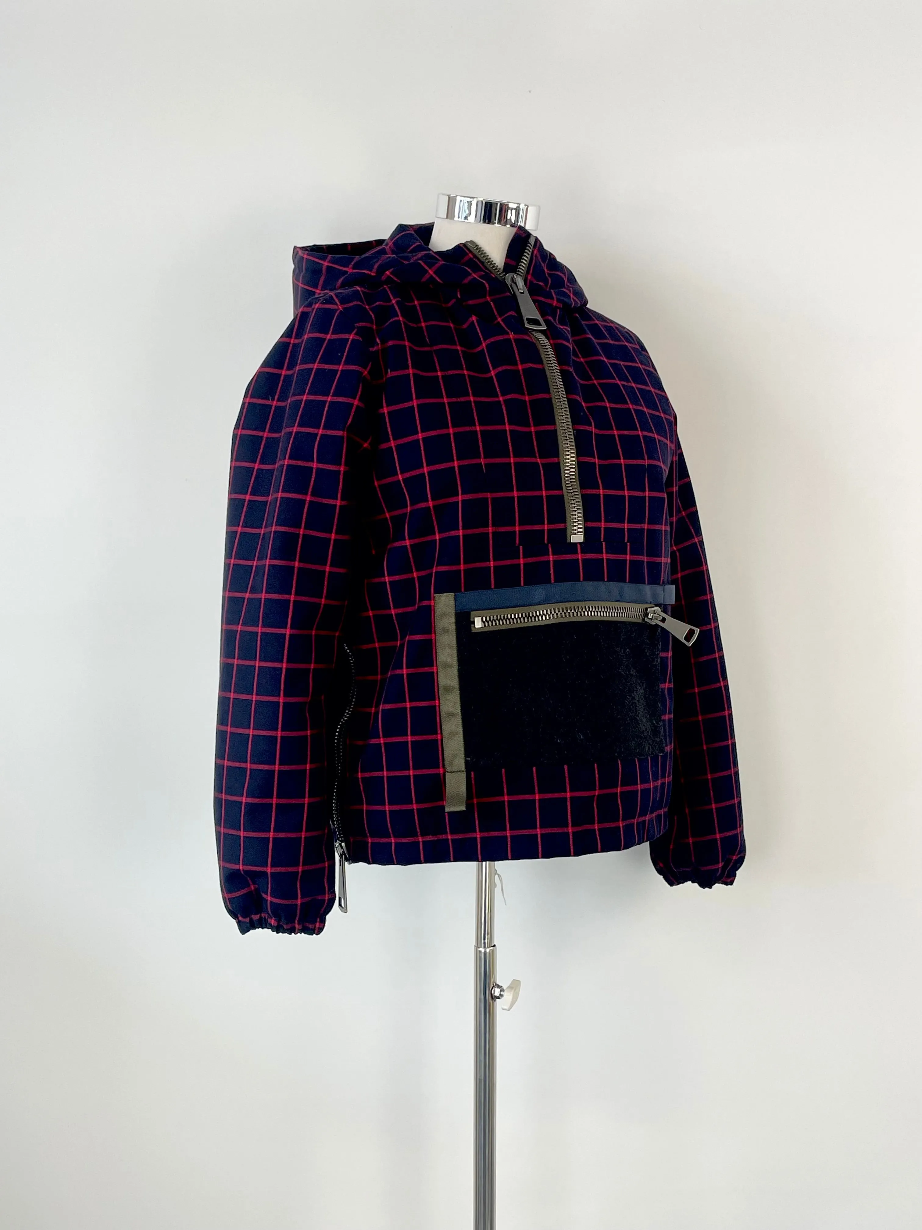 Authier Madonna Di Campiglio Navy Blue & Red Check Hooded Puffer Pullover - AU12