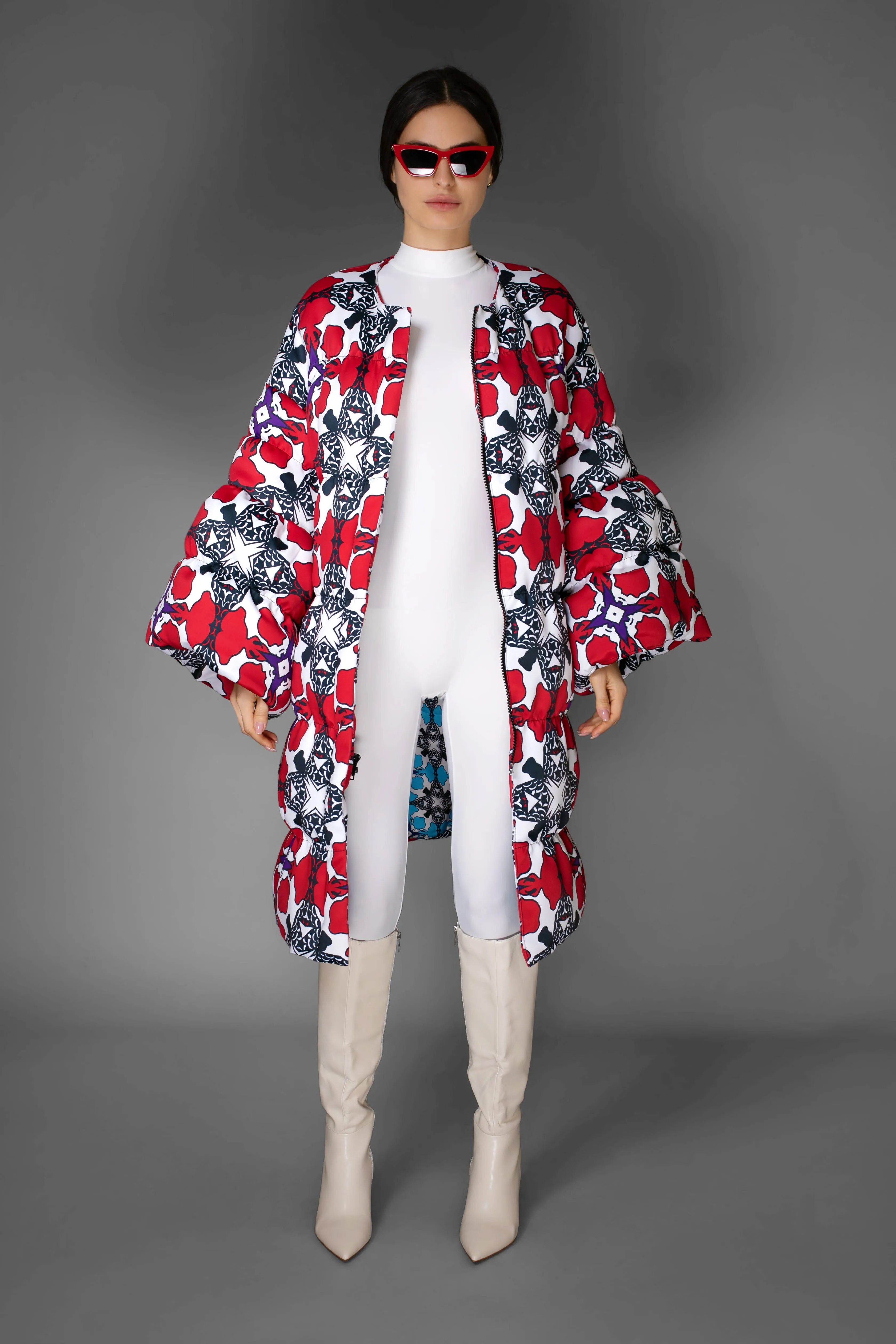 AW Quilted Maxi Puffer Coat - Floral Red & White Puff Sleeve