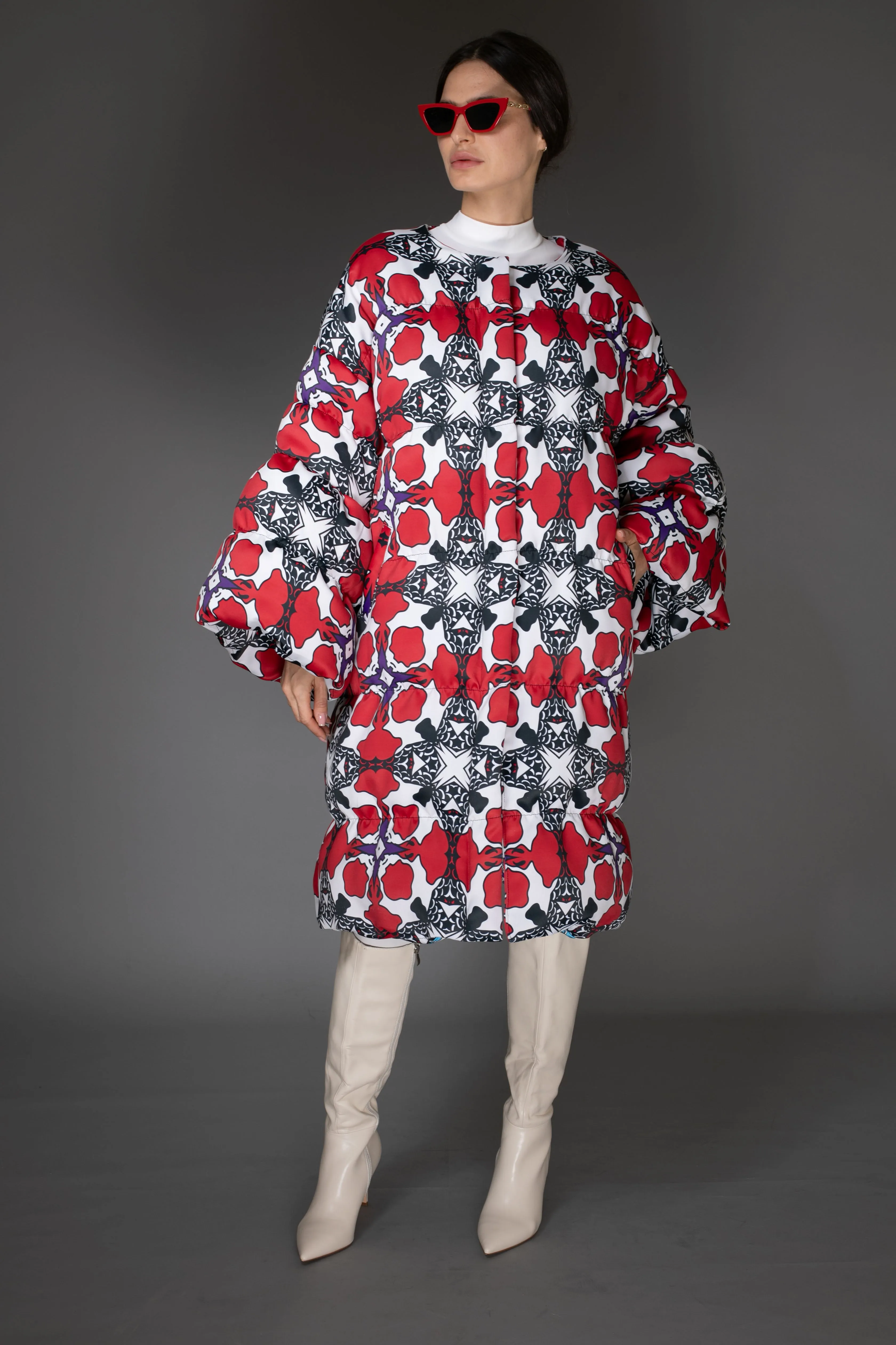 AW Quilted Maxi Puffer Coat - Floral Red & White Puff Sleeve