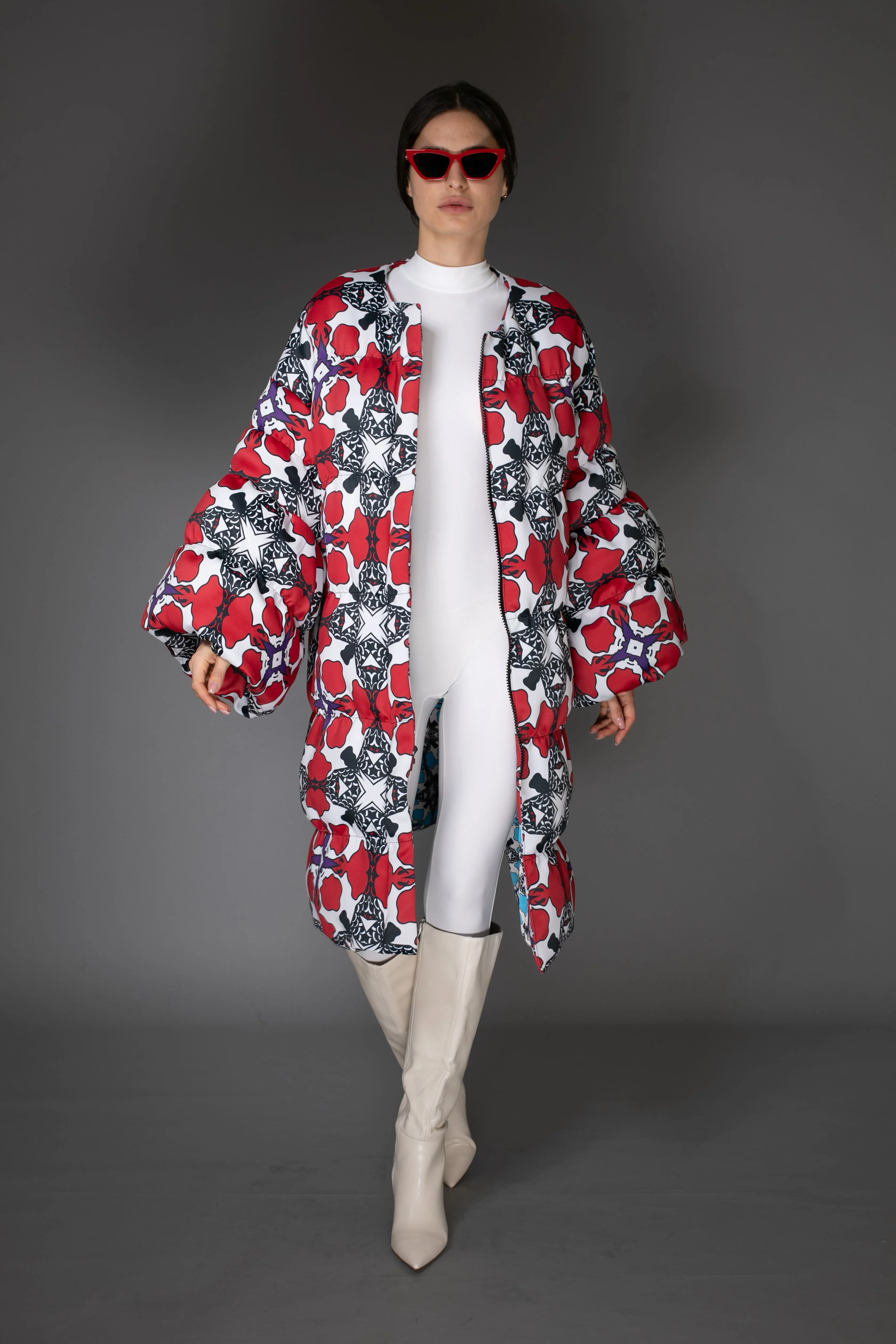 AW Quilted Maxi Puffer Coat - Floral Red & White Puff Sleeve