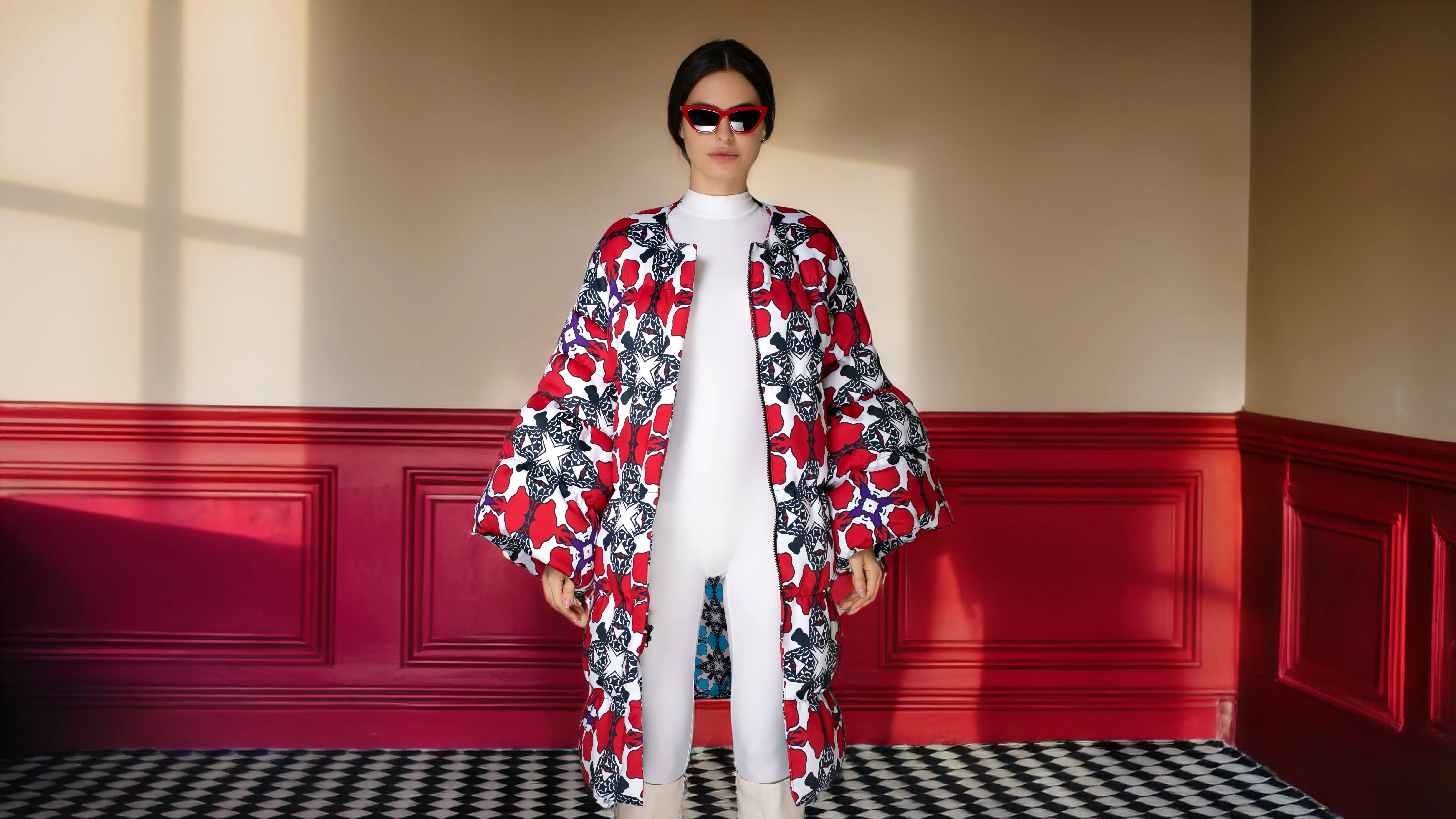 AW Quilted Maxi Puffer Coat - Floral Red & White Puff Sleeve