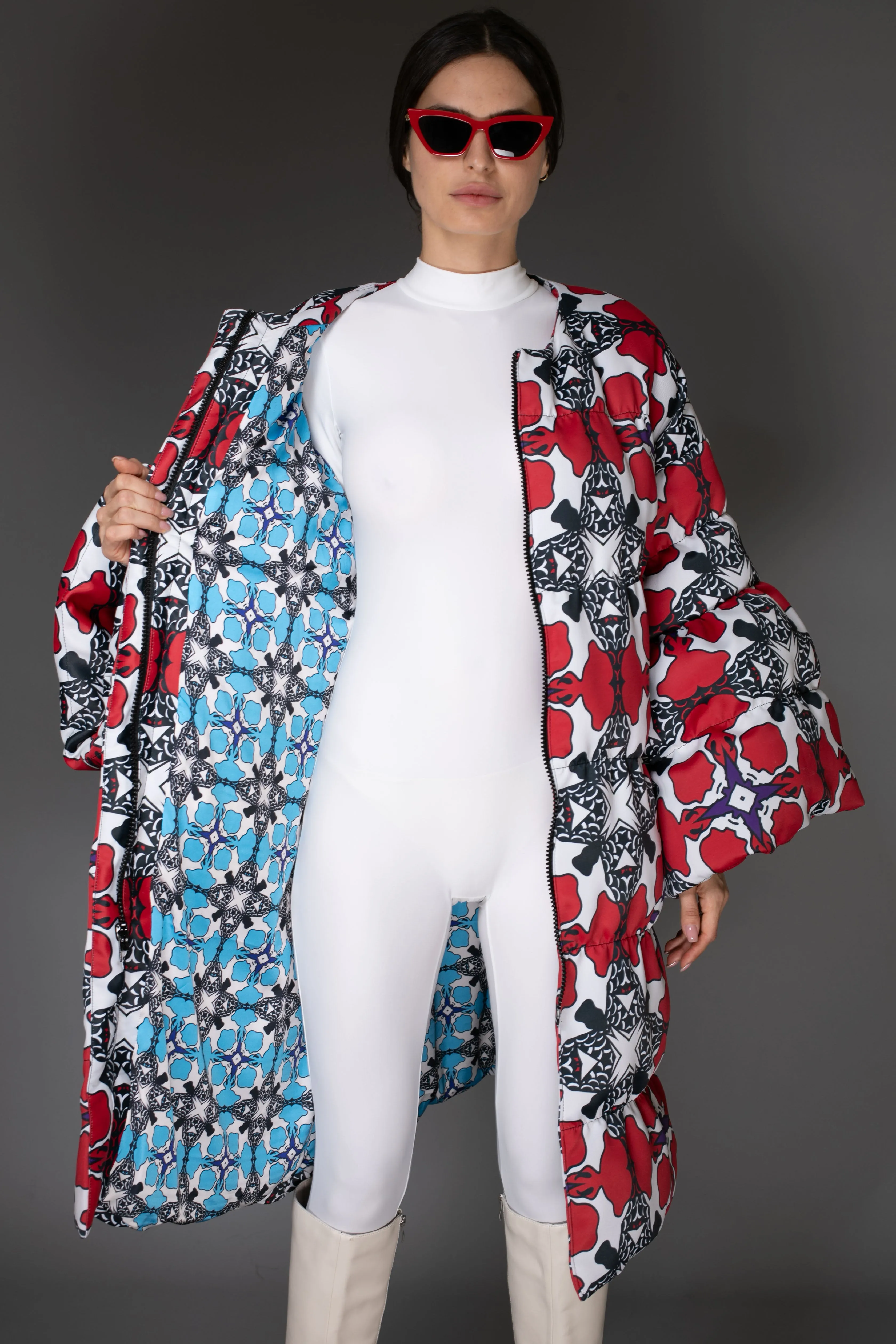 AW Quilted Maxi Puffer Coat - Floral Red & White Puff Sleeve