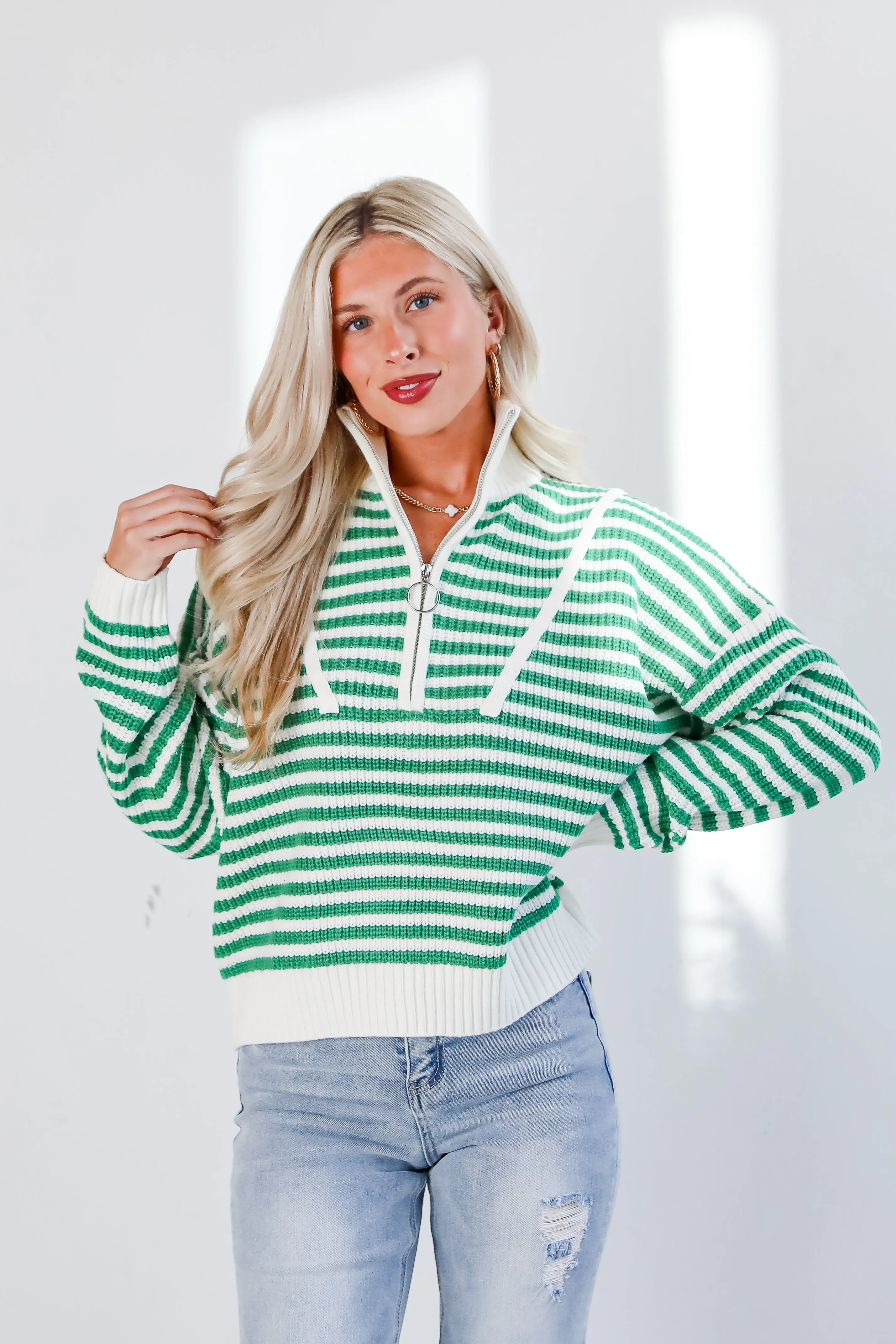 Beloved Presence Striped Quarter Zip Sweater