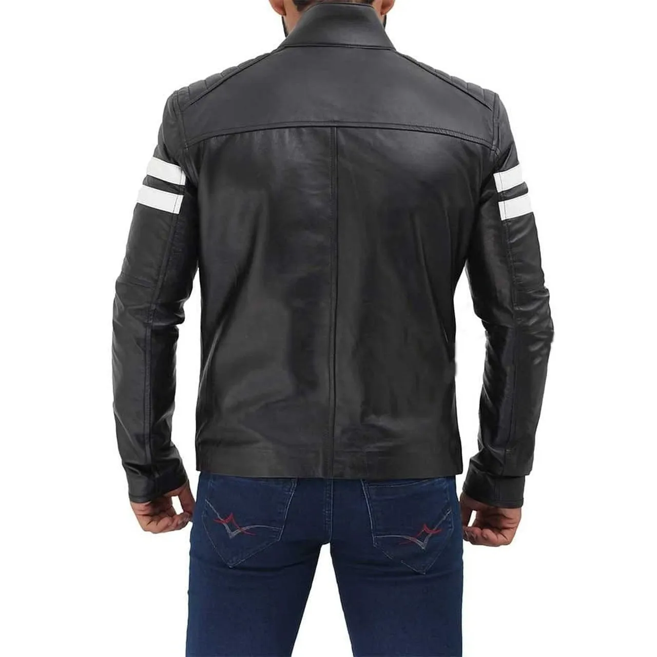 Black Biker White Stripe Leather Jacket