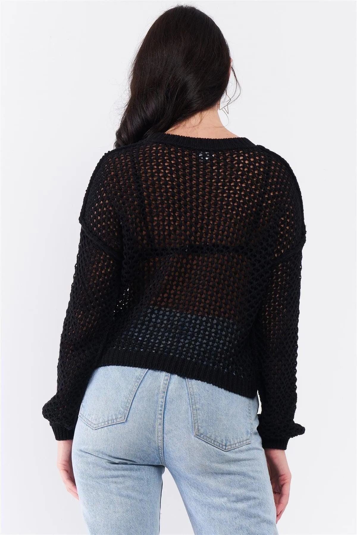 Black Open Knit Round Neck Relaxed Fit Sweater /3-2-1