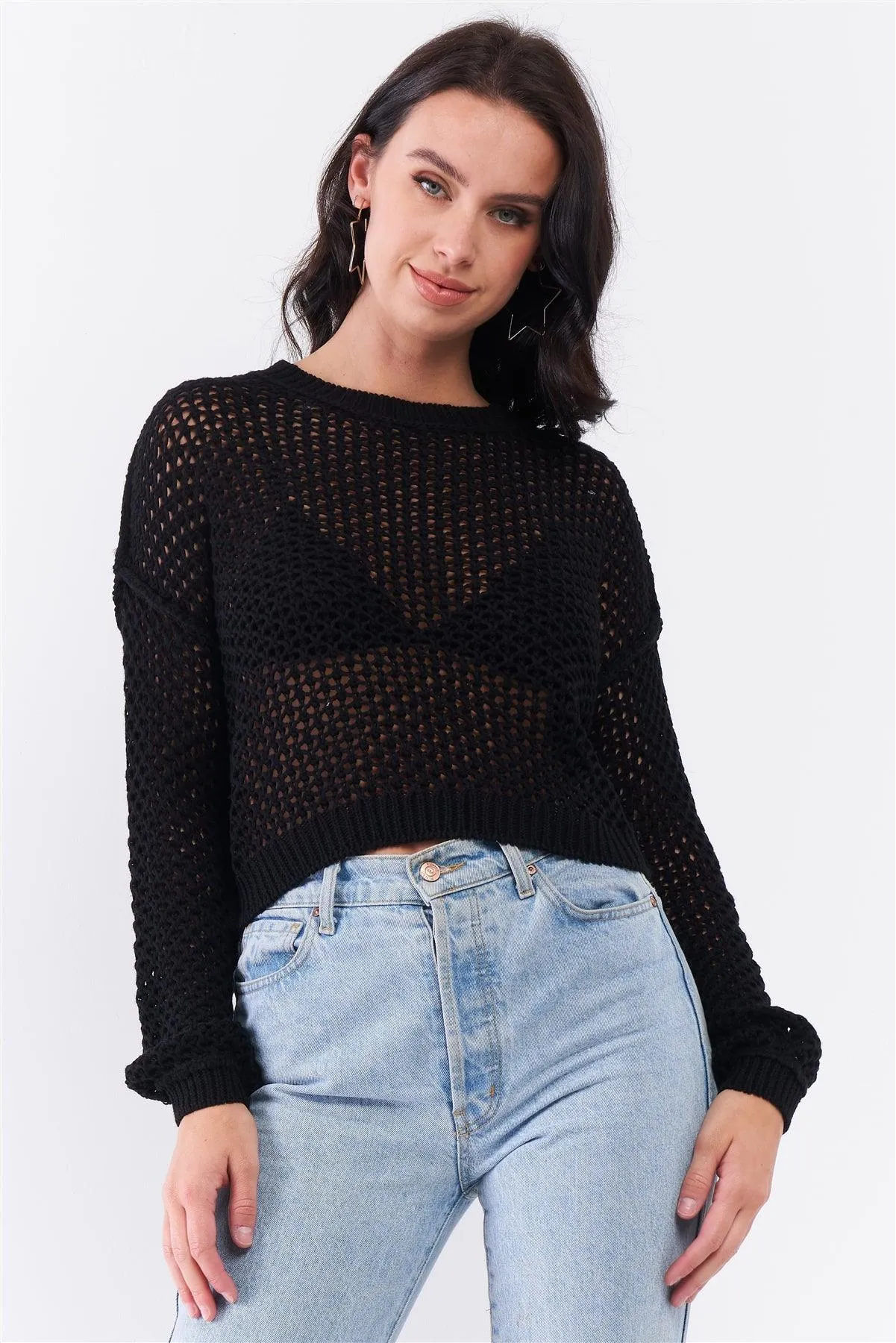 Black Open Knit Round Neck Relaxed Fit Sweater /3-2-1