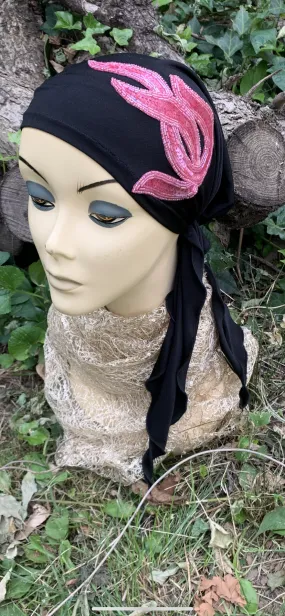 Black Pink Head Scarf For Women | Pre Tied Fitted Bandana | Modern Comfortable Hijab | Made in USA