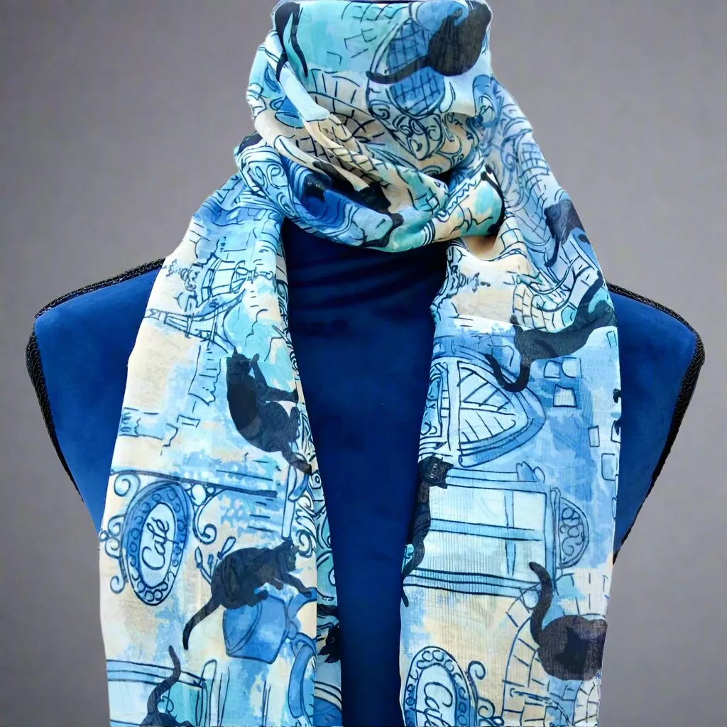 Blue & Yellow Cafe Cats Scarf