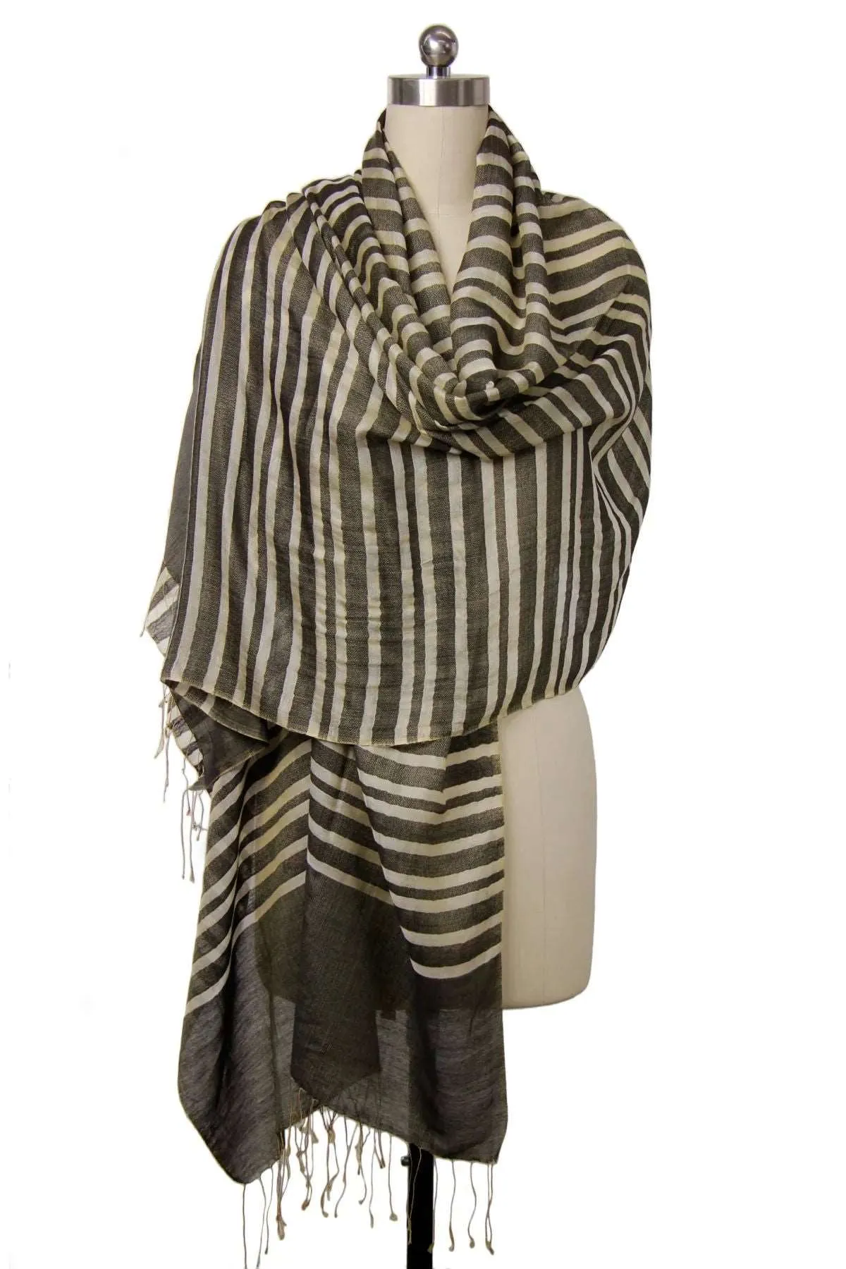 Camille Striped Lightweight Printed Scarf With Fringe