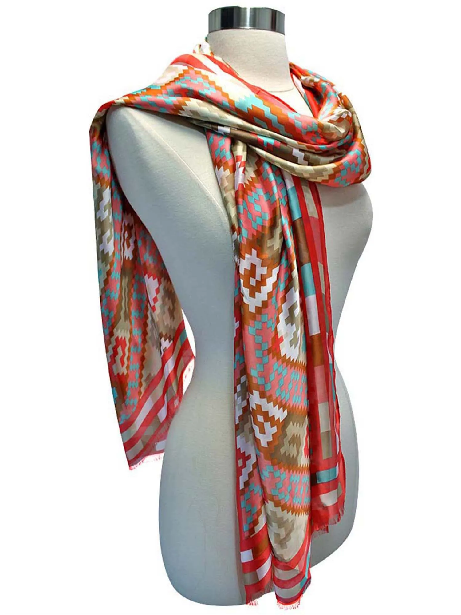 Coral Multicolor Art Deco Print Silky Scarf