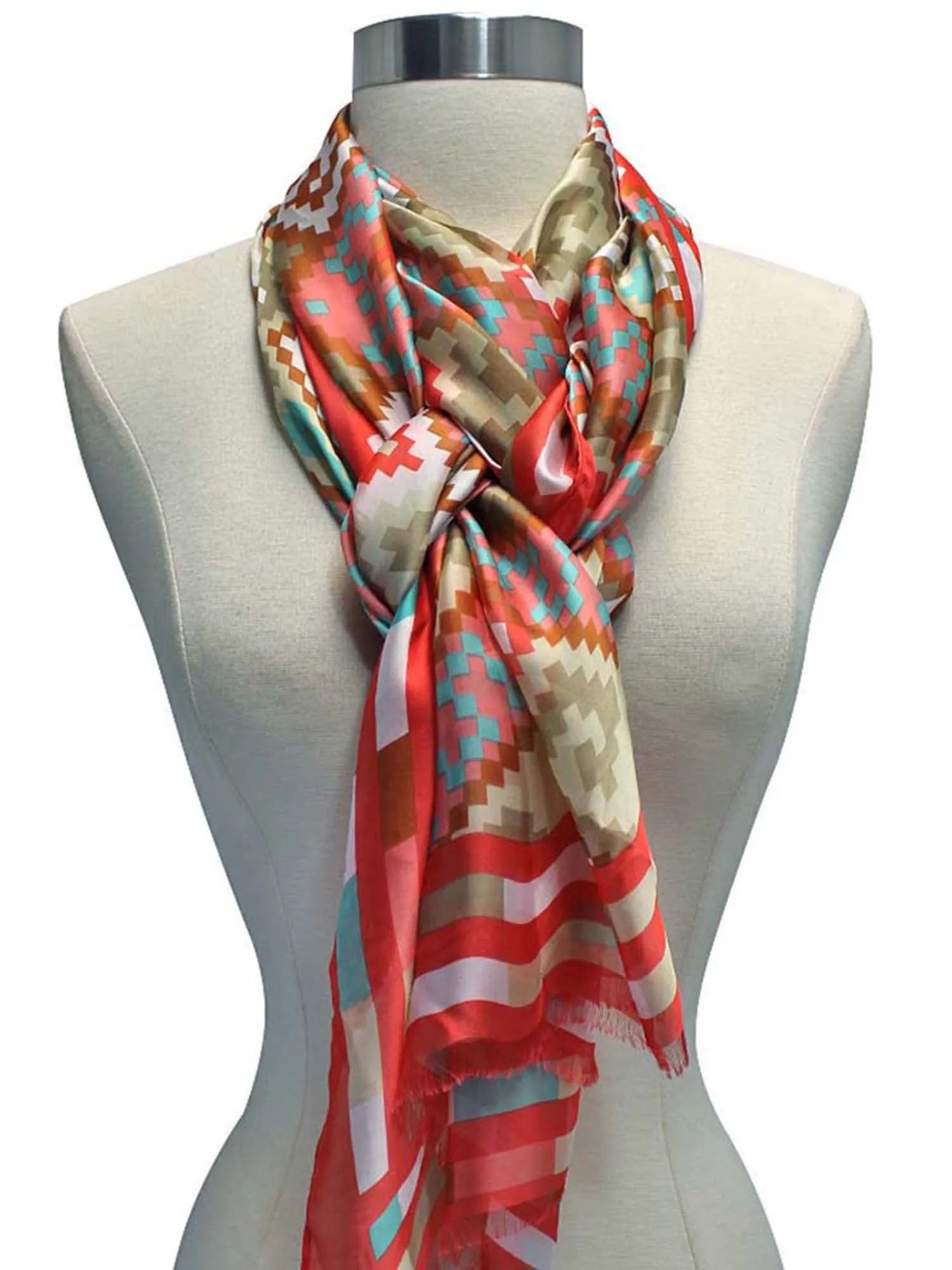 Coral Multicolor Art Deco Print Silky Scarf