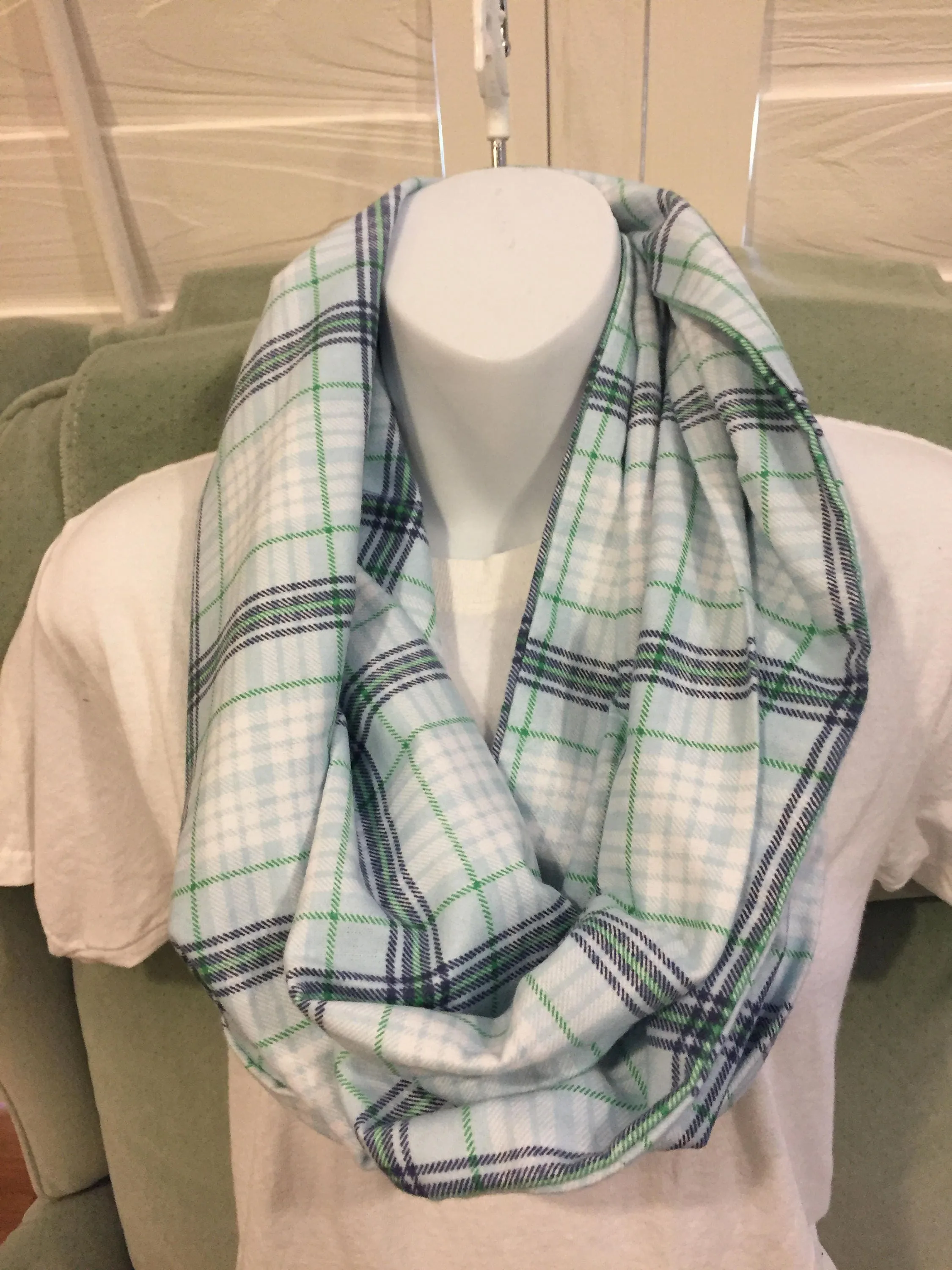 Cozy Blue and Green Plaid Flannel Infinity Scarf - Stylish Winter Fashion Accessory