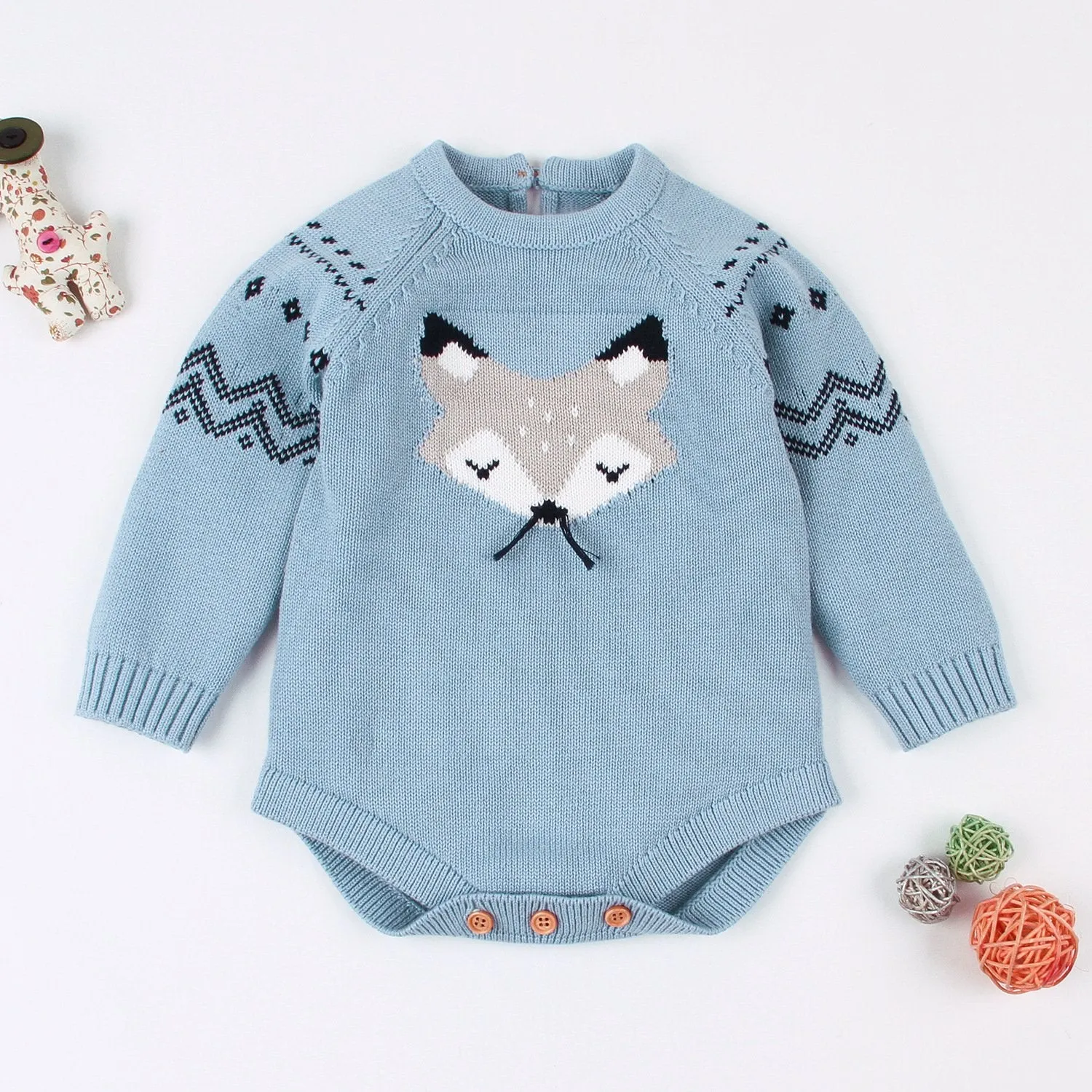 Cute Cartoon Fox Crochet Knitted Cotton Bodysuit