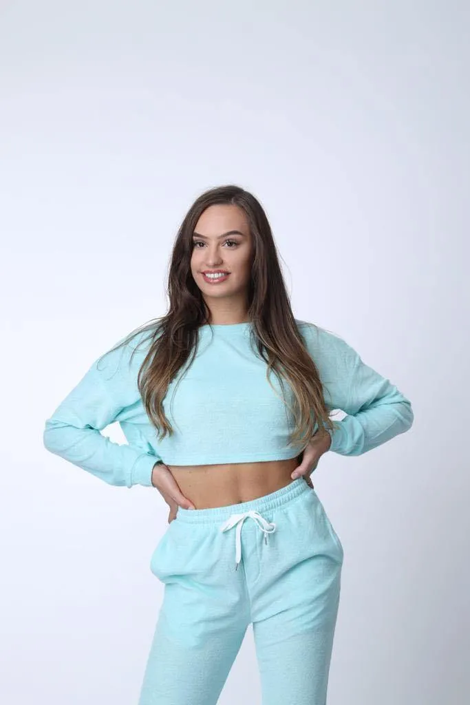 Day Off Cropped Towelling Jumper in Mint