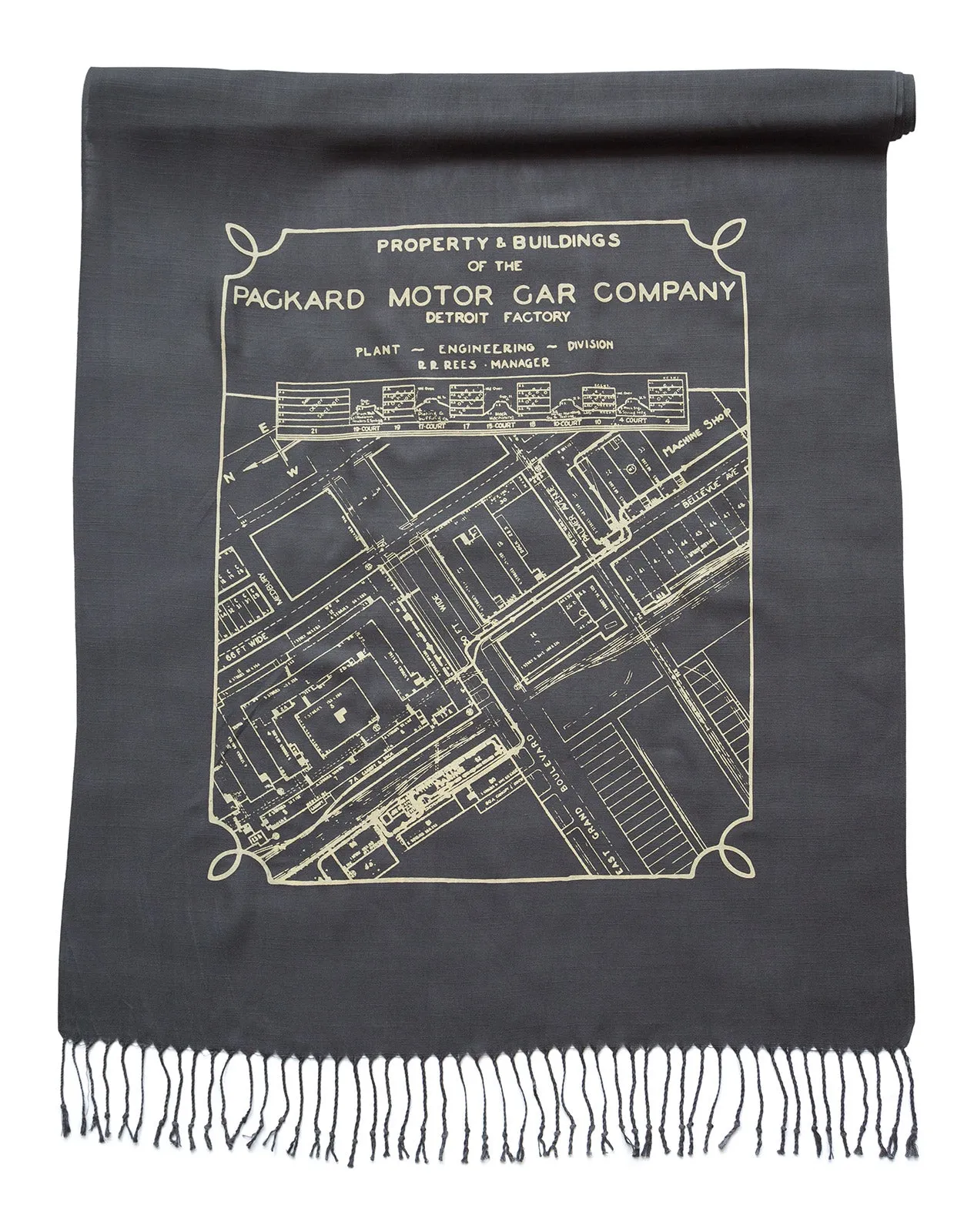 Detroit Map Scarf, Packard Plant Engineering Blueprint Bamboo Pashmina