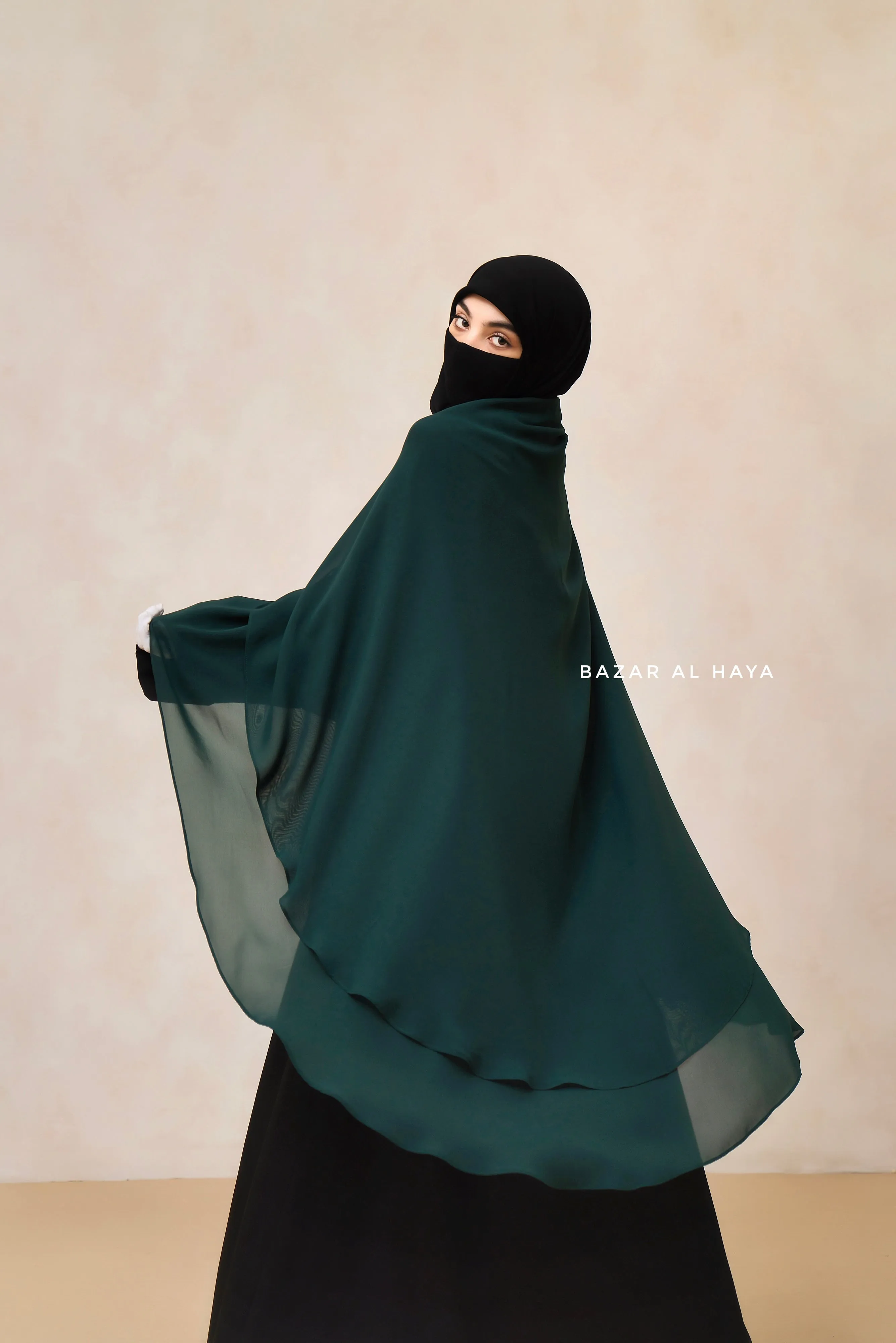 Emerald Green Two Layered Three -In- One Snap Scarf, Khimar, Cape - Super Soft