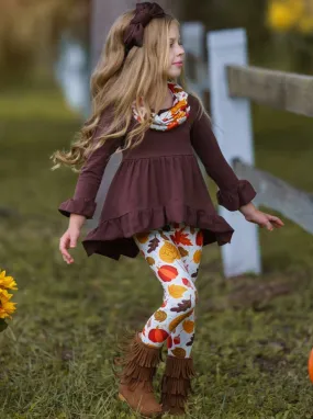 Falling Leaves Hi-Lo Ruffle Tunic, Leggings and Scarf Set