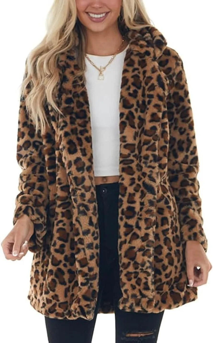 Faux Fur Pink Leopard Animal Print Long Sleeve Winter Coat