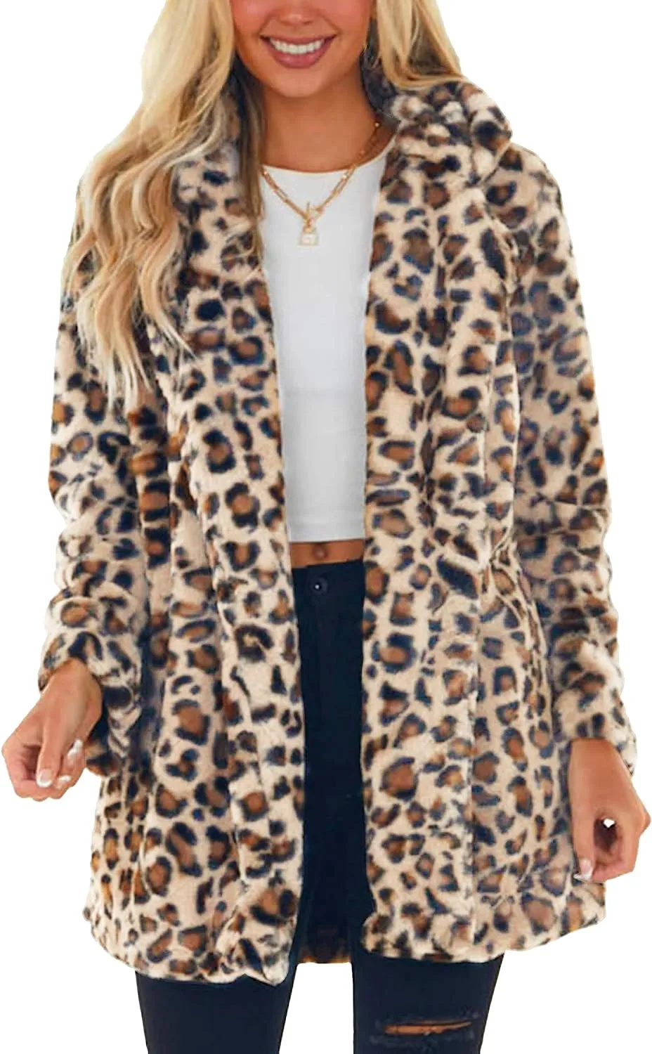 Faux Fur Pink Leopard Animal Print Long Sleeve Winter Coat