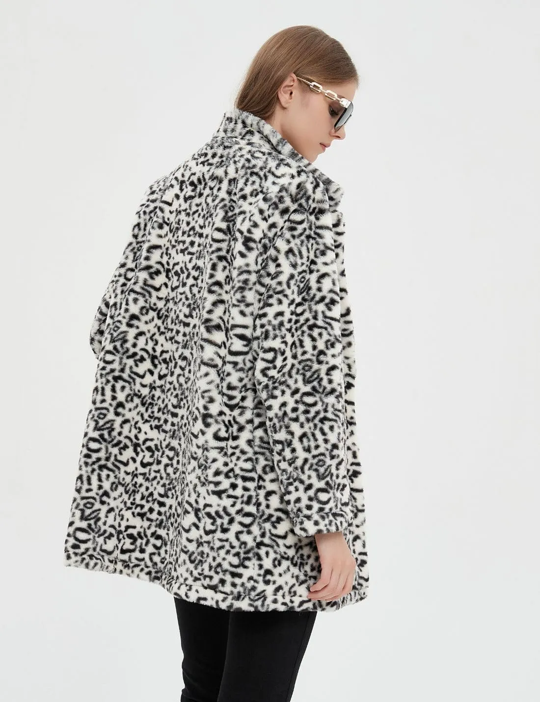 Faux Fur Pink Leopard Animal Print Long Sleeve Winter Coat