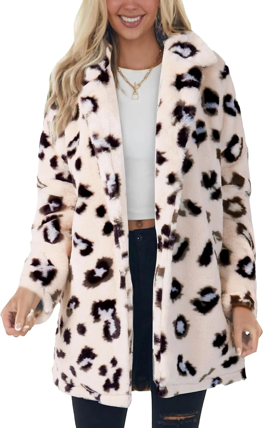 Faux Fur Pink Leopard Animal Print Long Sleeve Winter Coat