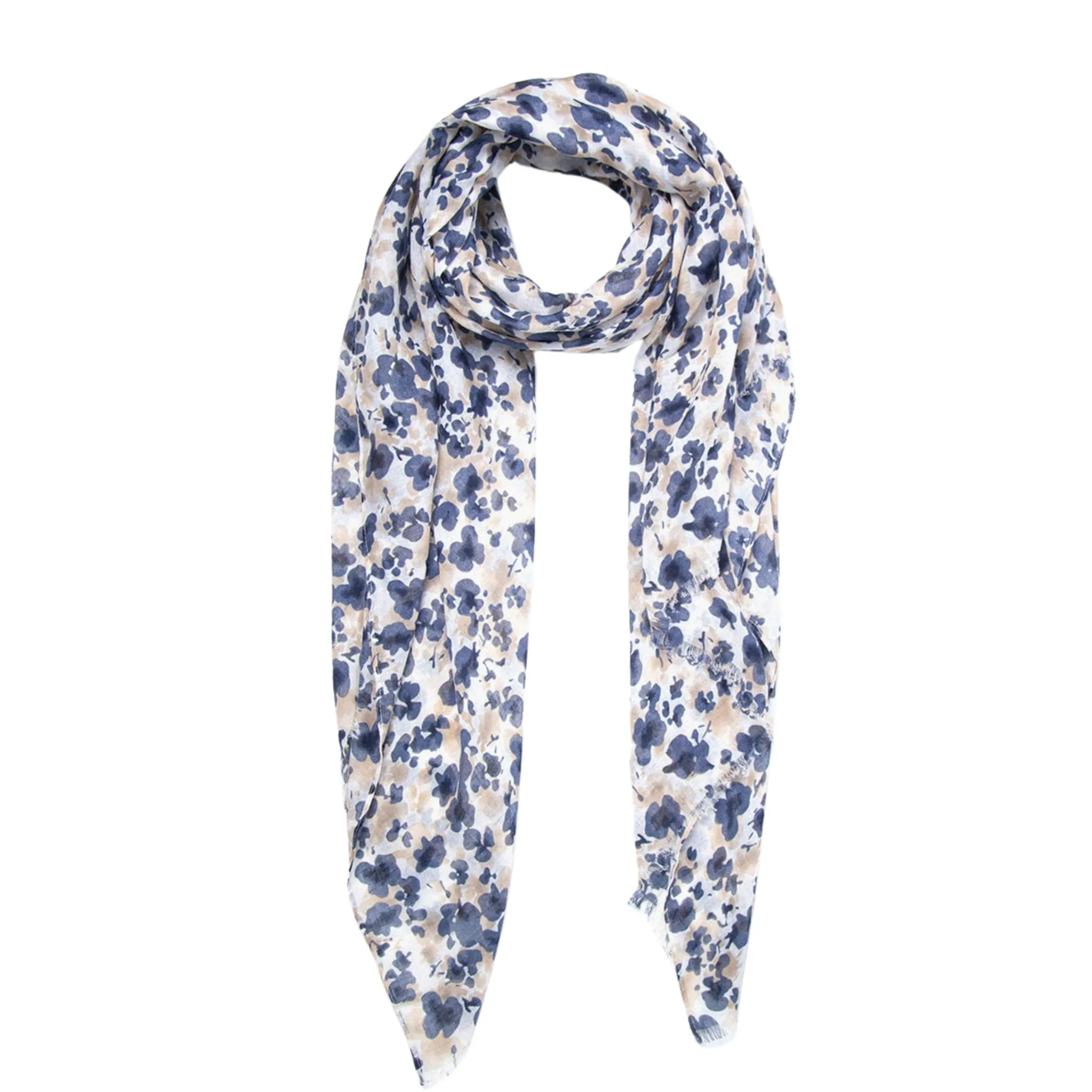 Floral and Vine Print Scarf - Grey Navy Blue