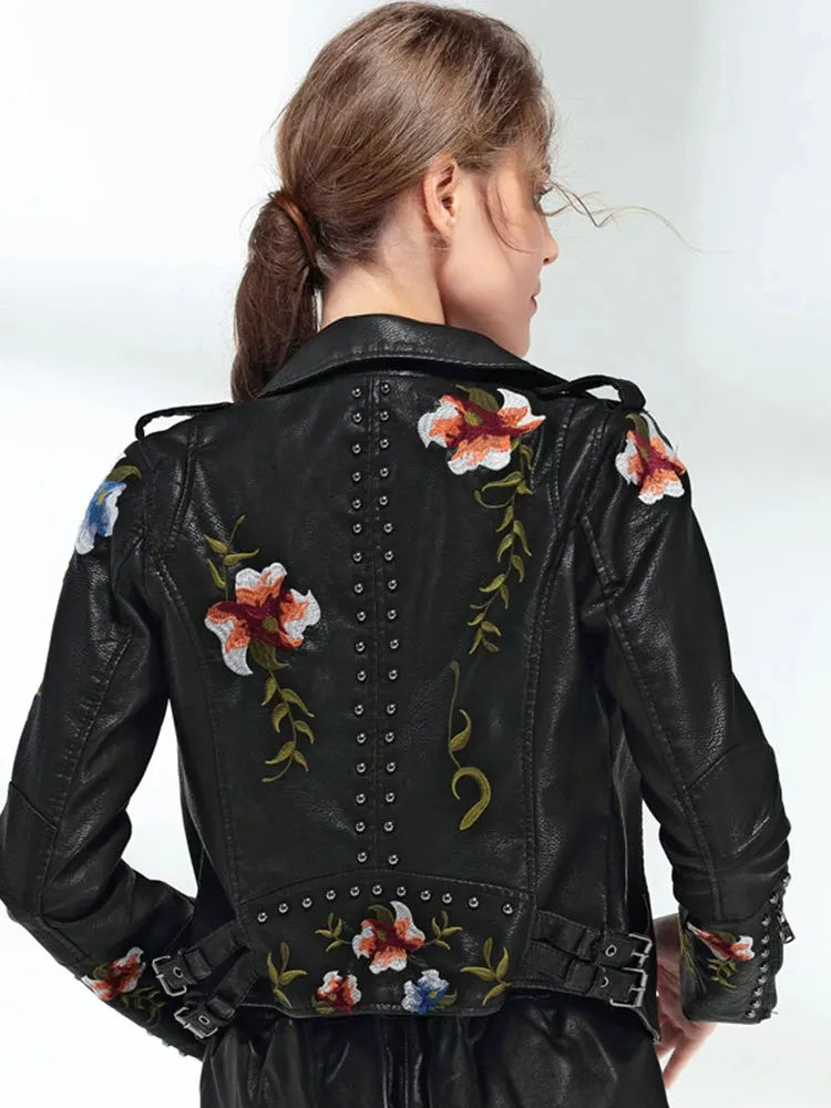 Floral Print Embroidered Faux Leather Biker Jacket with Turn-down Collar