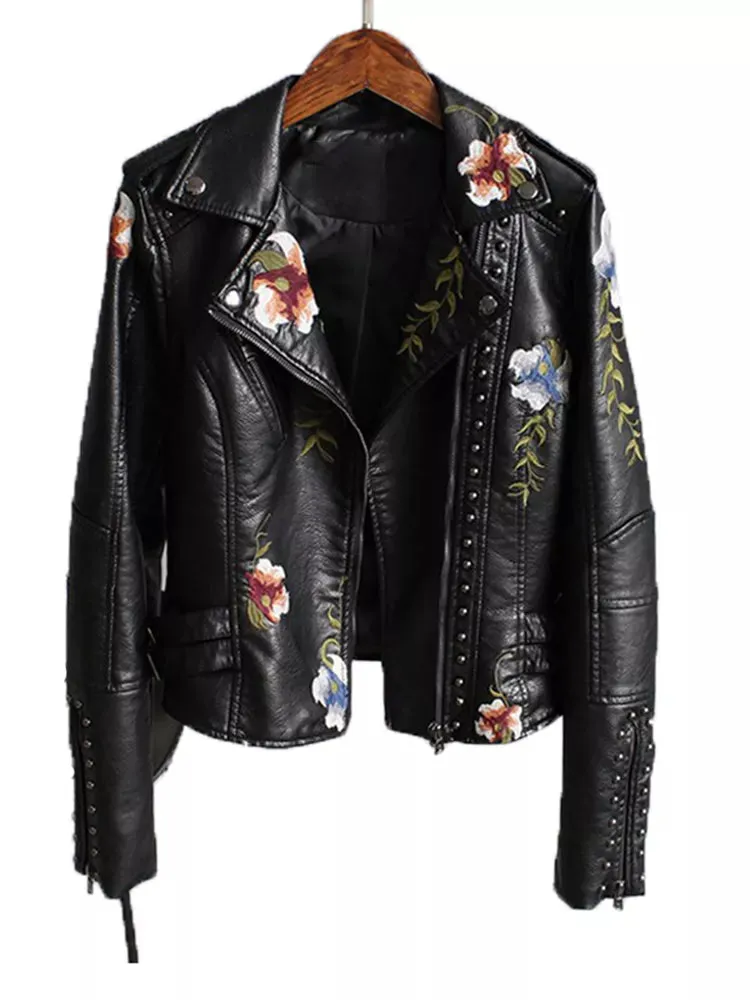 Floral Print Embroidered Faux Leather Biker Jacket with Turn-down Collar