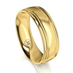 Fully Polished Yellow Gold Dual Grooved Mens Wedding Ring