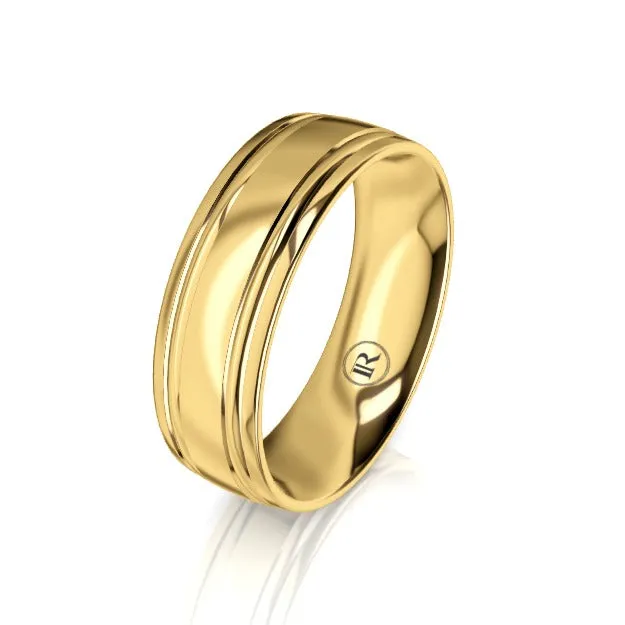 Fully Polished Yellow Gold Dual Grooved Mens Wedding Ring