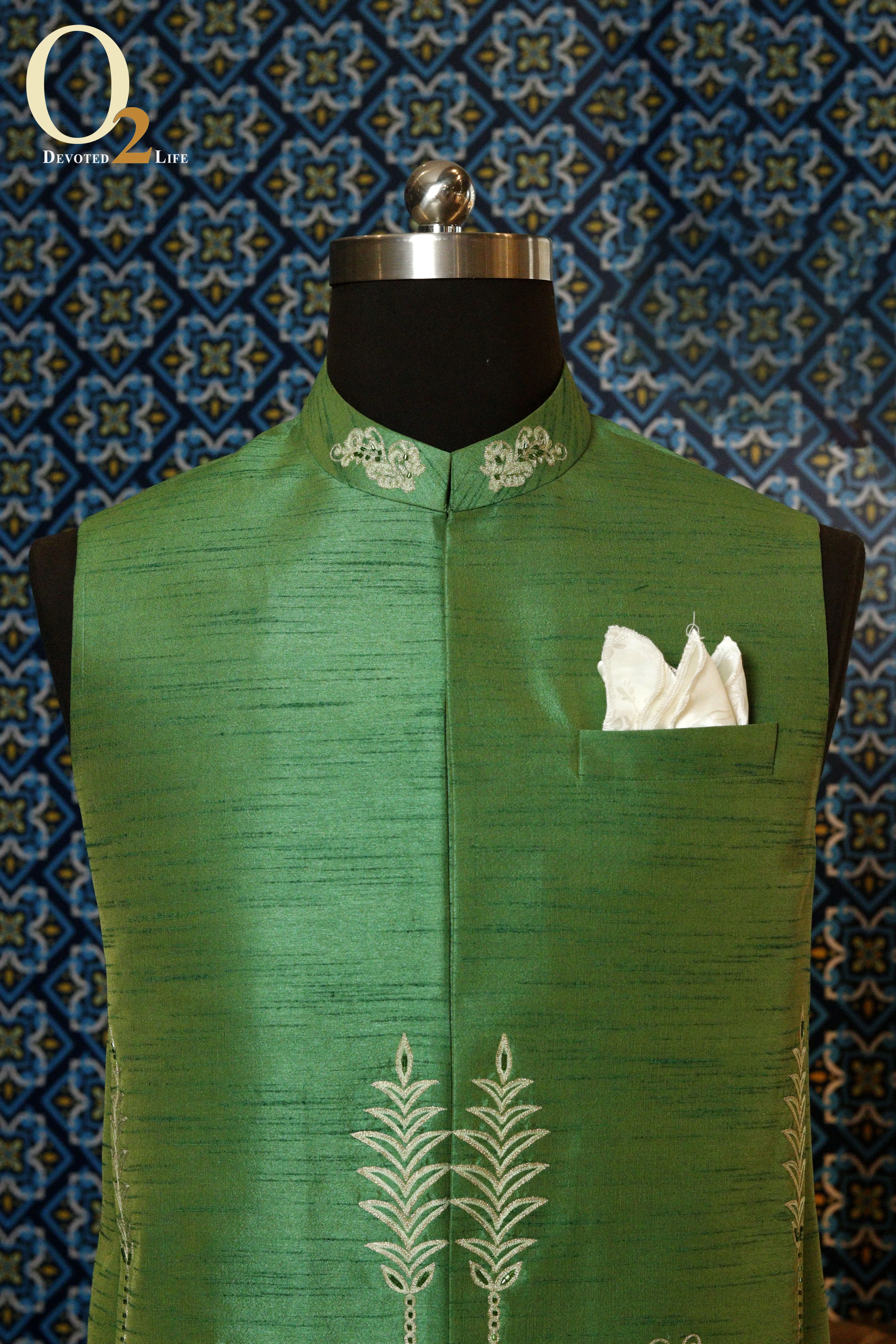 Golden and green raw silk Vest with Embro Handwork