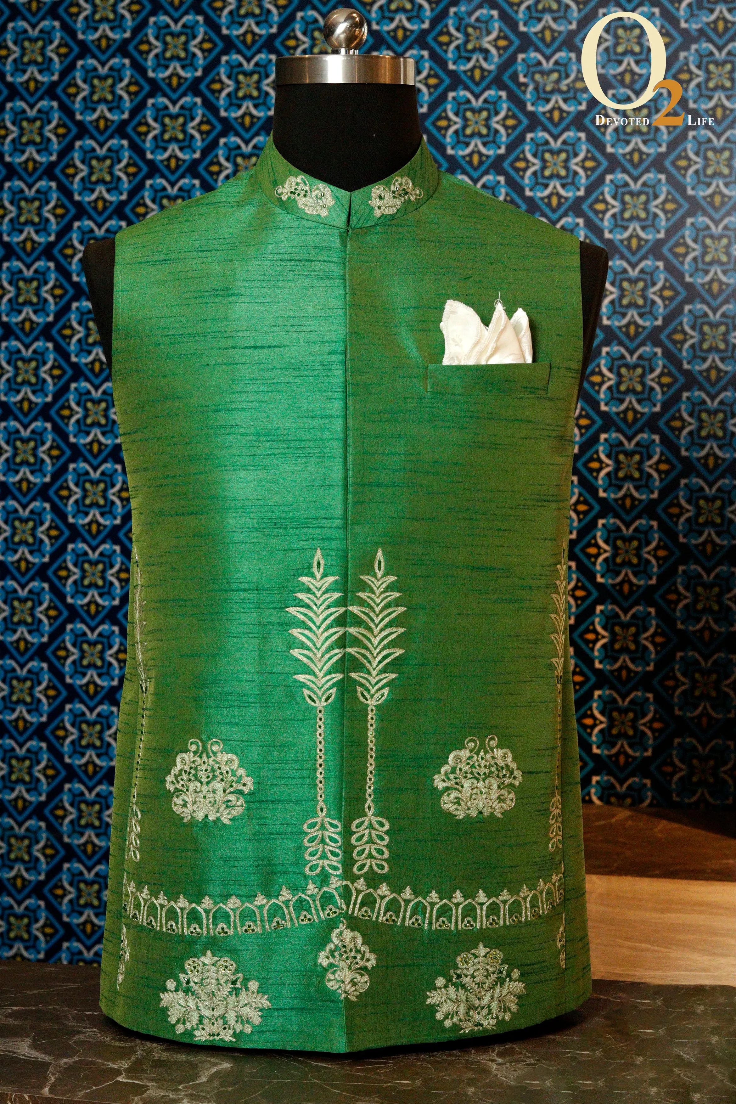 Golden and green raw silk Vest with Embro Handwork