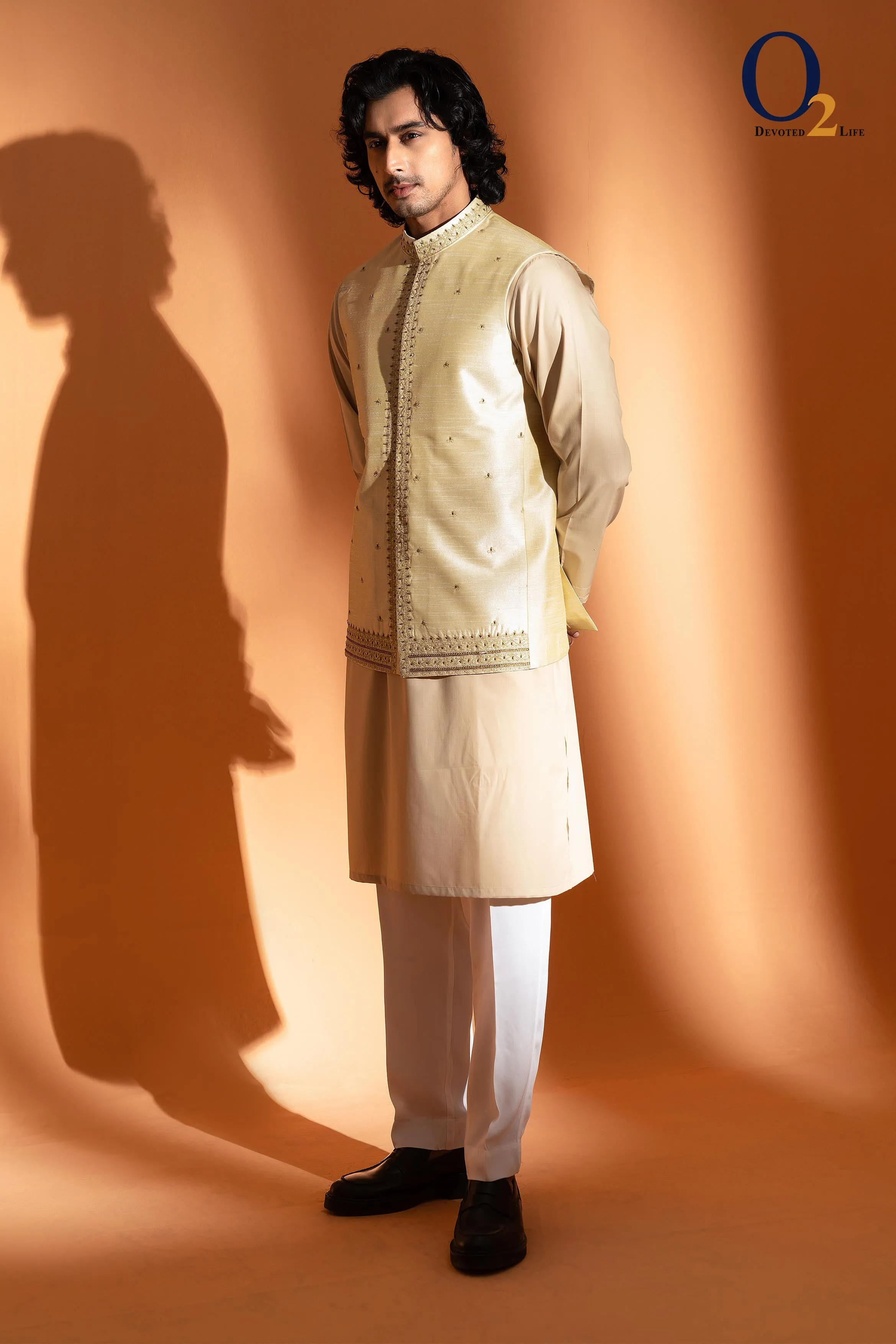 Golden raw silk Vest with Embro Handwork