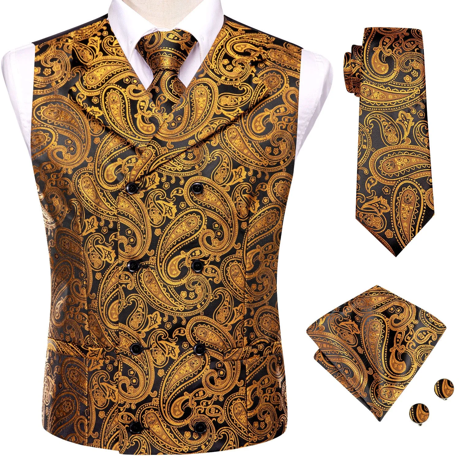 Hi-Tie Black Gold Paisley Men's Collar Vest Hanky Cufflinks Tie Set