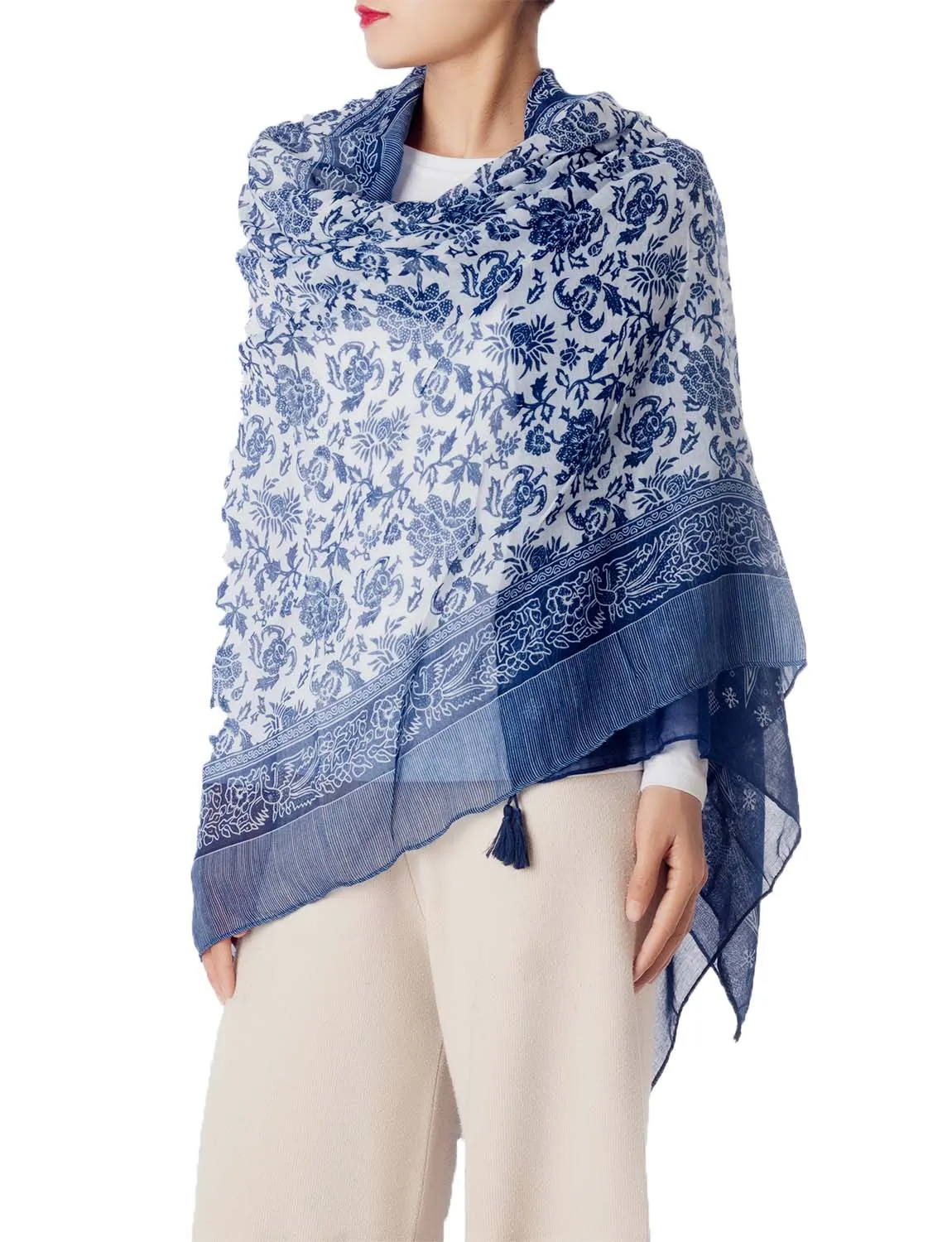 iB-iP Women's Blue-white Porcelain Print Gorgeous Lightweight Long Fashion Scarf