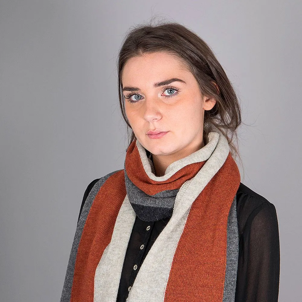 Ladies Lambswool Block Stripe Scarf - Burnt Orange