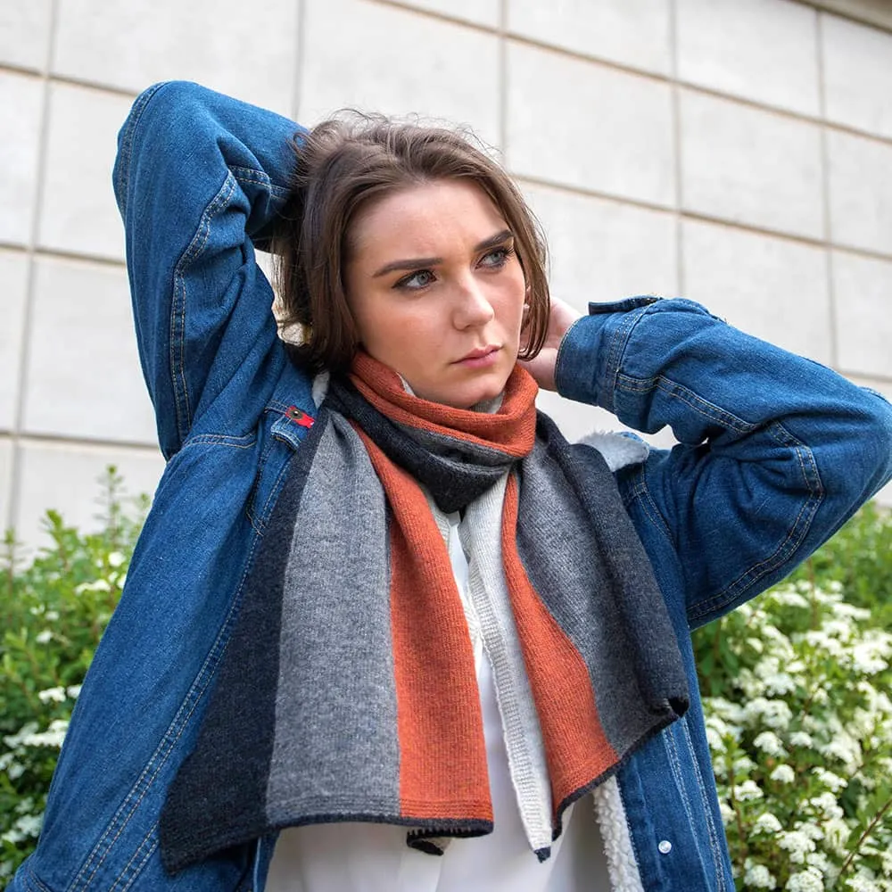 Ladies Lambswool Block Stripe Scarf - Burnt Orange