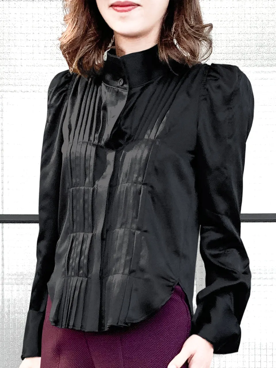 Last Chance! Black Pleat Front Puff Sleeve Button-Up Silk Shirt