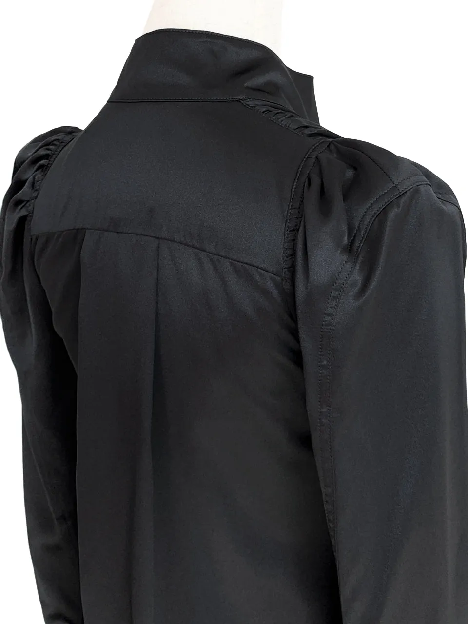 Last Chance! Black Pleat Front Puff Sleeve Button-Up Silk Shirt