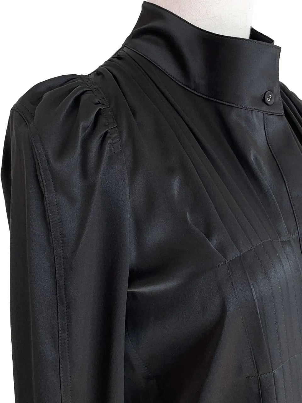 Last Chance! Black Pleat Front Puff Sleeve Button-Up Silk Shirt