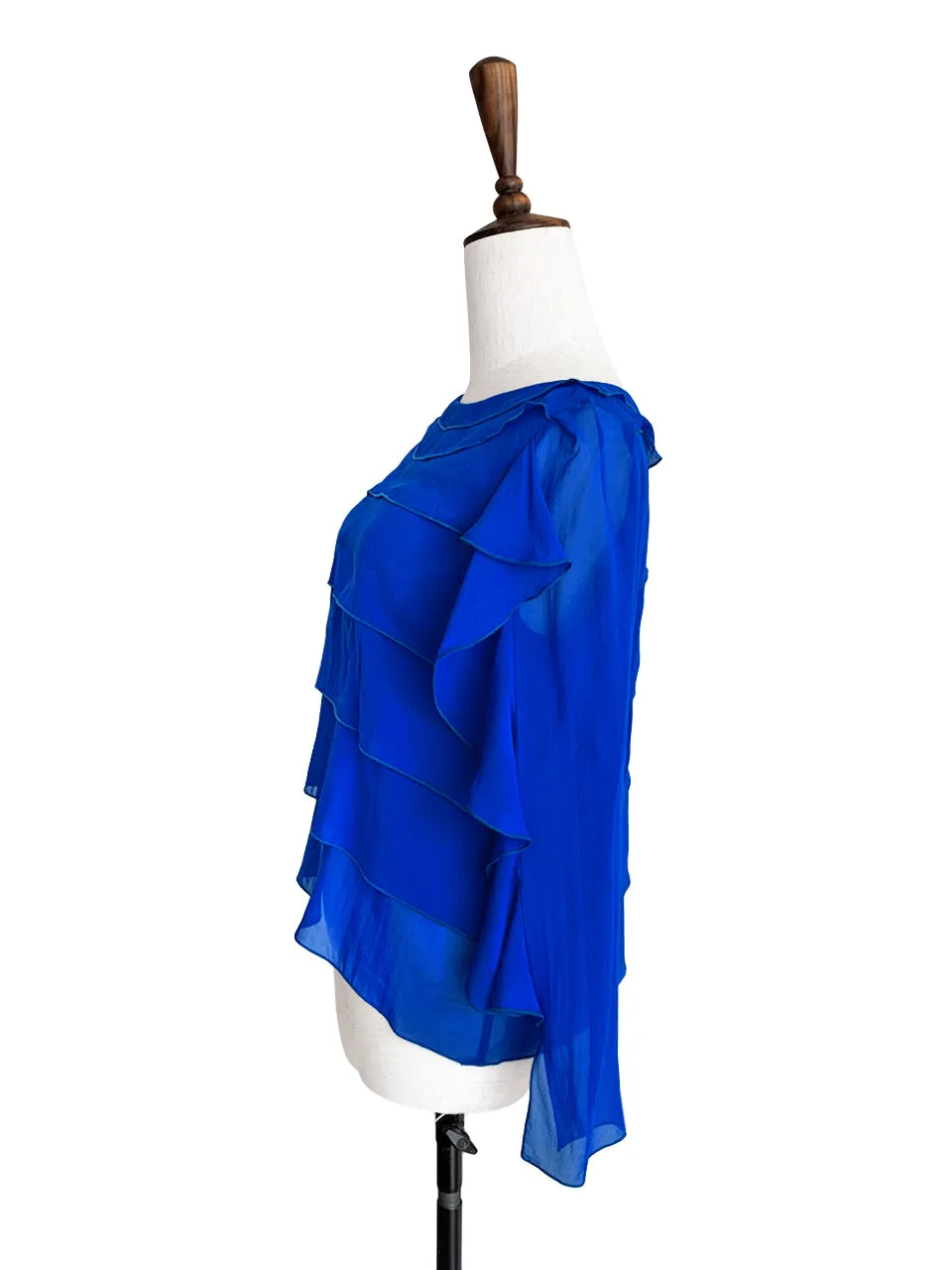 Last Chance! Electric Blue Tiered Ruffle Asymmetrical Sleeves Chiffon Silk Blouse