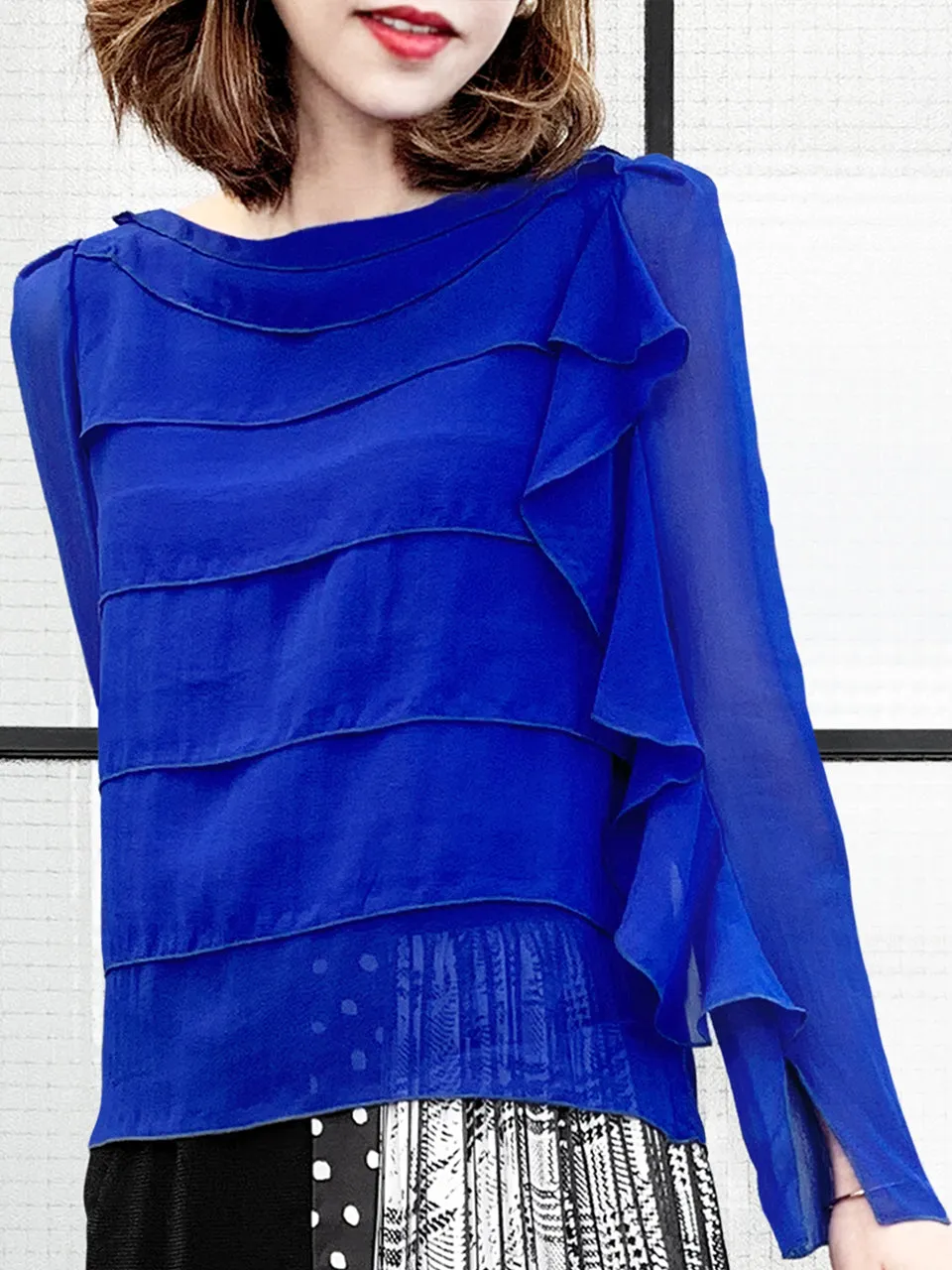 Last Chance! Electric Blue Tiered Ruffle Asymmetrical Sleeves Chiffon Silk Blouse