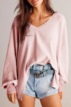 Light Pink Waffle V Neck Drop Shoulder Long Sleeve Loose Top